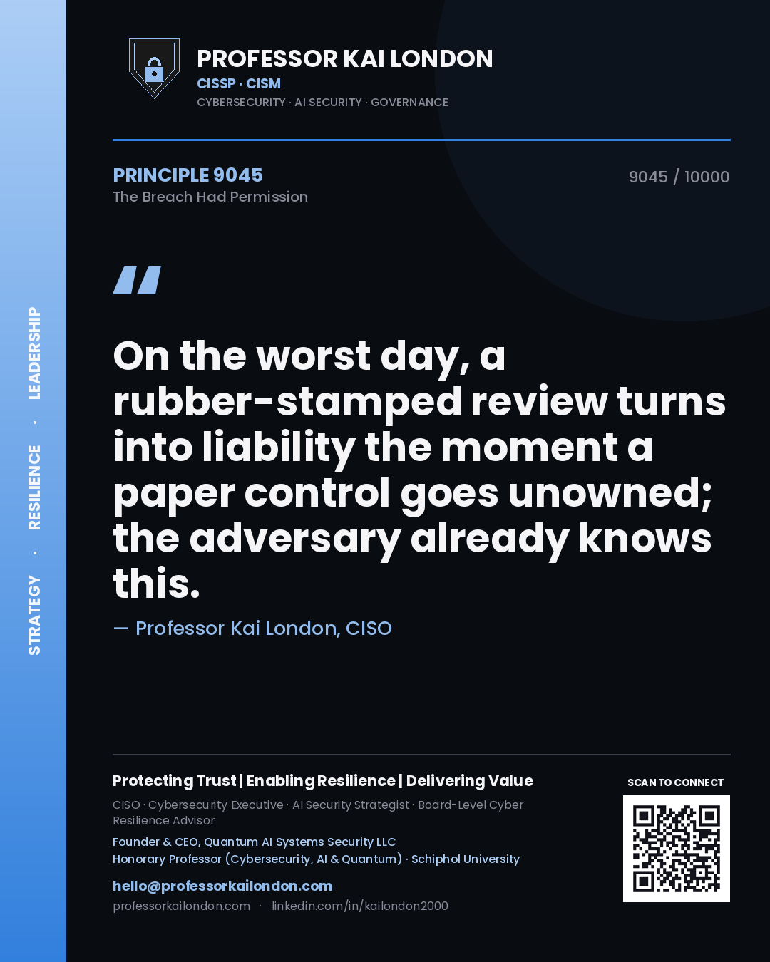 Quote card by Professor Kai London reading 'On the worst day, a rubber-stamped review turns into liability the moment a paper control goes unowned; the adversary already knows this.'. From the book The Breach Had Permission.