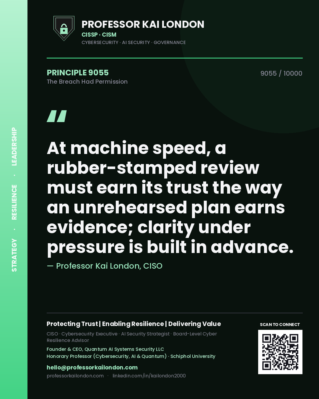 Quote card by Professor Kai London reading 'At machine speed, a rubber-stamped review must earn its trust the way an unrehearsed plan earns evidence; clarity under pressure is built in advance.'. From the book The Breach Had Permission.