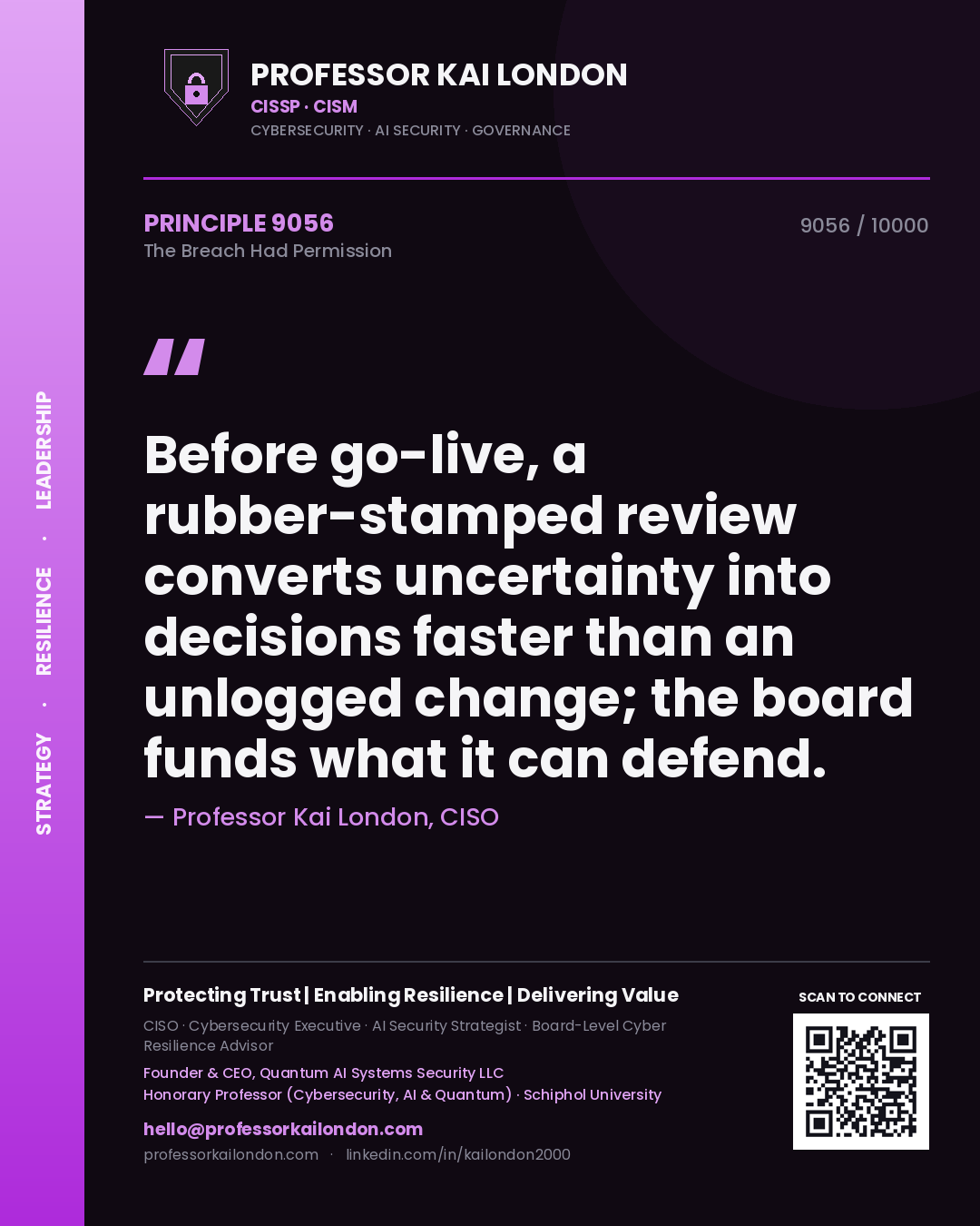 Quote card by Professor Kai London reading 'Before go-live, a rubber-stamped review converts uncertainty into decisions faster than an unlogged change; the board funds what it can defend.'. From the book The Breach Had Permission.