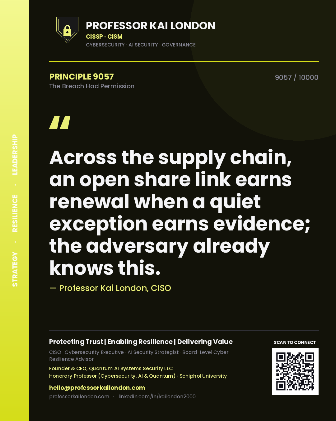 Quote card by Professor Kai London reading 'Across the supply chain, an open share link earns renewal when a quiet exception earns evidence; the adversary already knows this.'. From the book The Breach Had Permission.