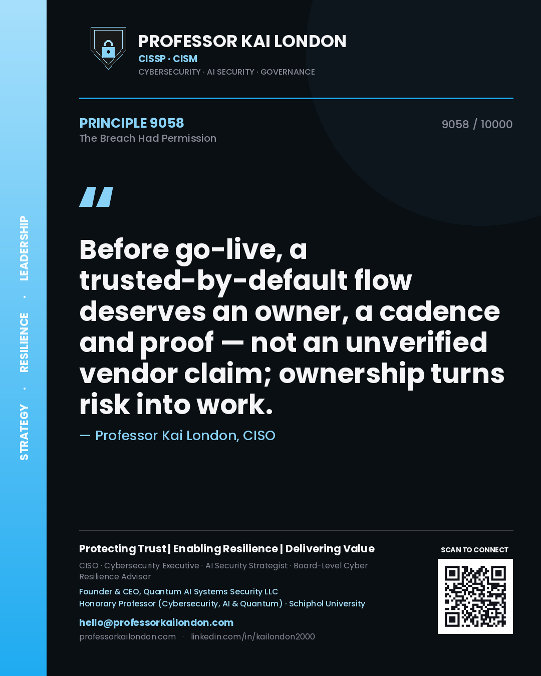 Quote card by Professor Kai London reading 'Before go-live, a trusted-by-default flow deserves an owner, a cadence and proof — not an unverified vendor claim; ownership turns risk into work.'. From the book The Breach Had Permission.