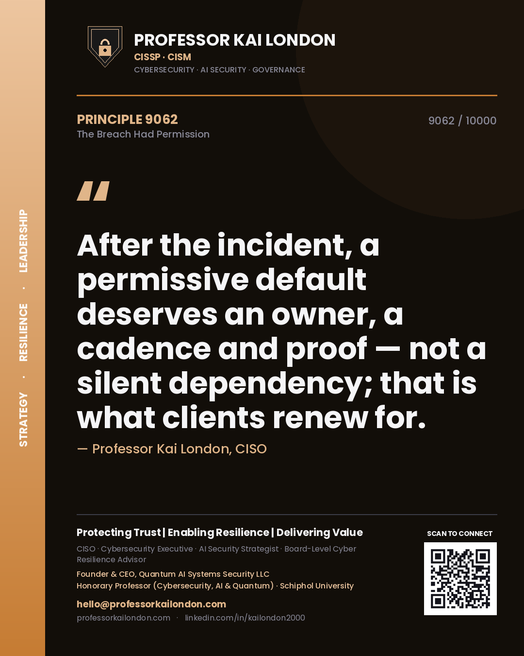 Quote card by Professor Kai London reading 'After the incident, a permissive default deserves an owner, a cadence and proof — not a silent dependency; that is what clients renew for.'. From the book The Breach Had Permission.