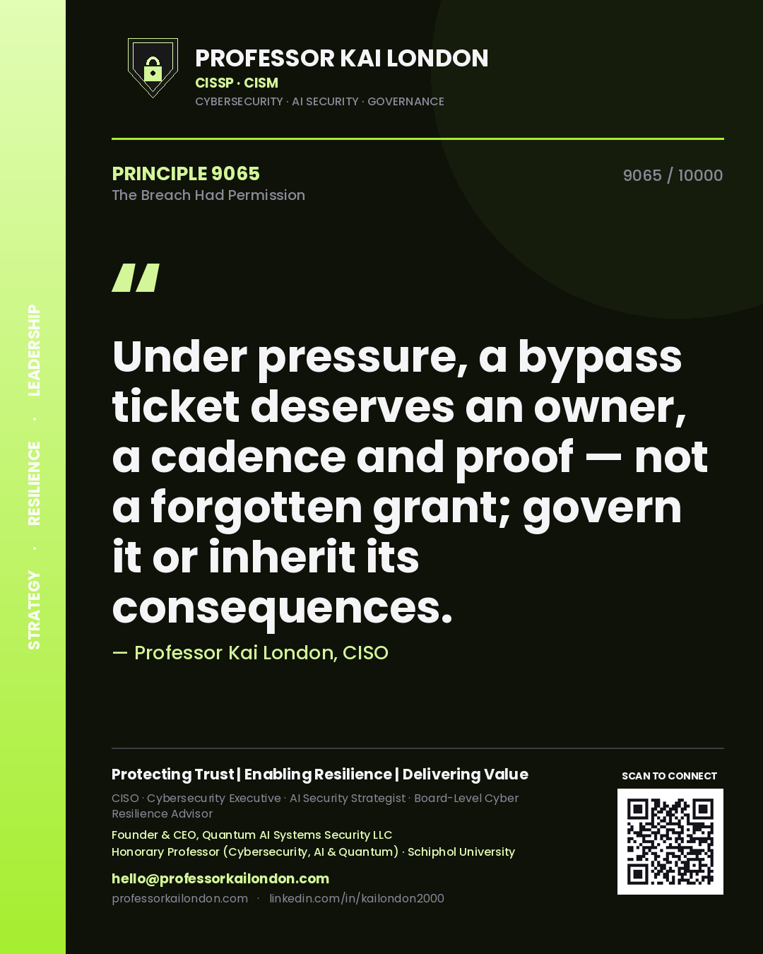 Quote card by Professor Kai London reading 'Under pressure, a bypass ticket deserves an owner, a cadence and proof — not a forgotten grant; govern it or inherit its consequences.'. From the book The Breach Had Permission.