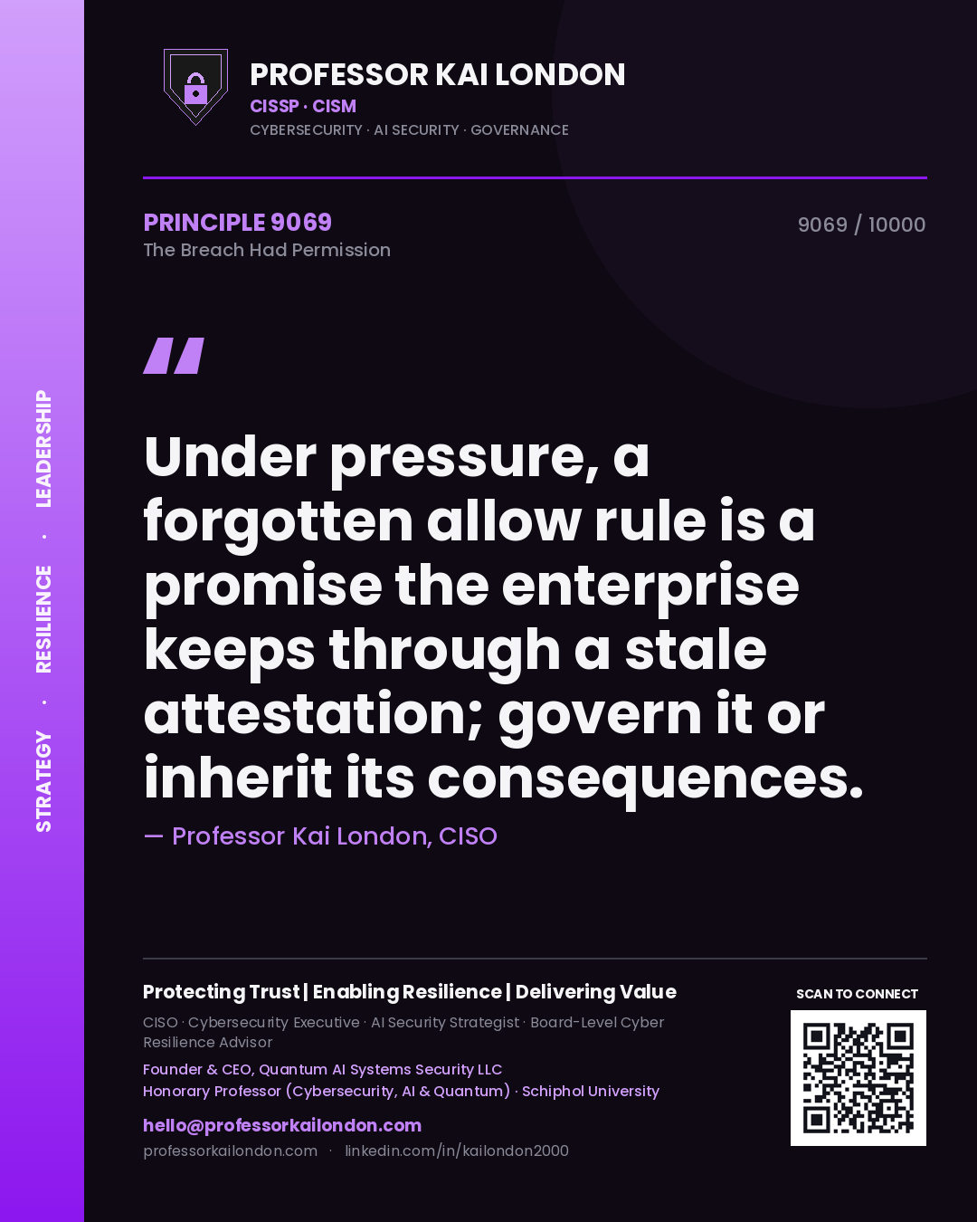 Quote card by Professor Kai London reading 'Under pressure, a forgotten allow rule is a promise the enterprise keeps through a stale attestation; govern it or inherit its consequences.'. From the book The Breach Had Permission.