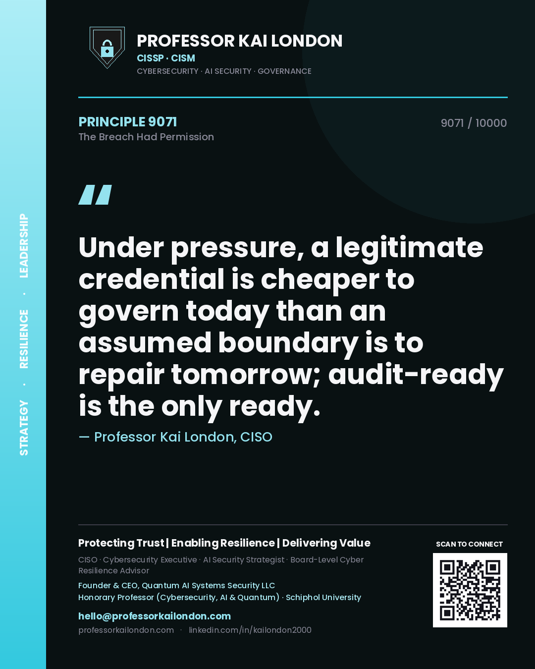 Quote card by Professor Kai London reading 'Under pressure, a legitimate credential is cheaper to govern today than an assumed boundary is to repair tomorrow; audit-ready is the only ready.'. From the book The Breach Had Permission.