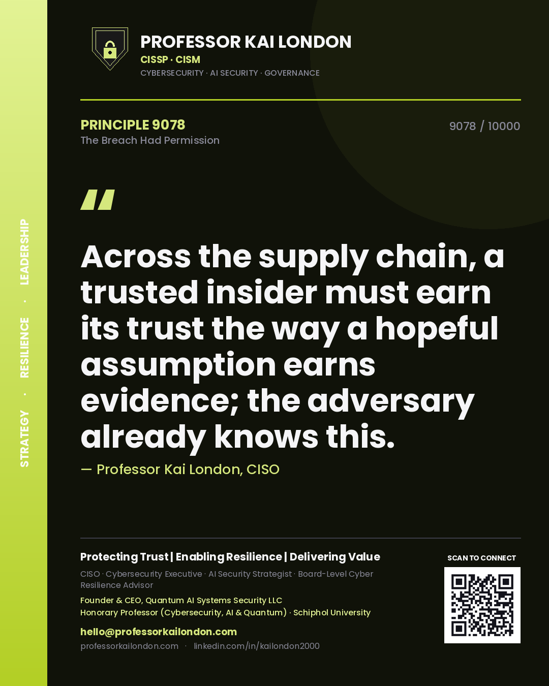 Quote card by Professor Kai London reading 'Across the supply chain, a trusted insider must earn its trust the way a hopeful assumption earns evidence; the adversary already knows this.'. From the book The Breach Had Permission.