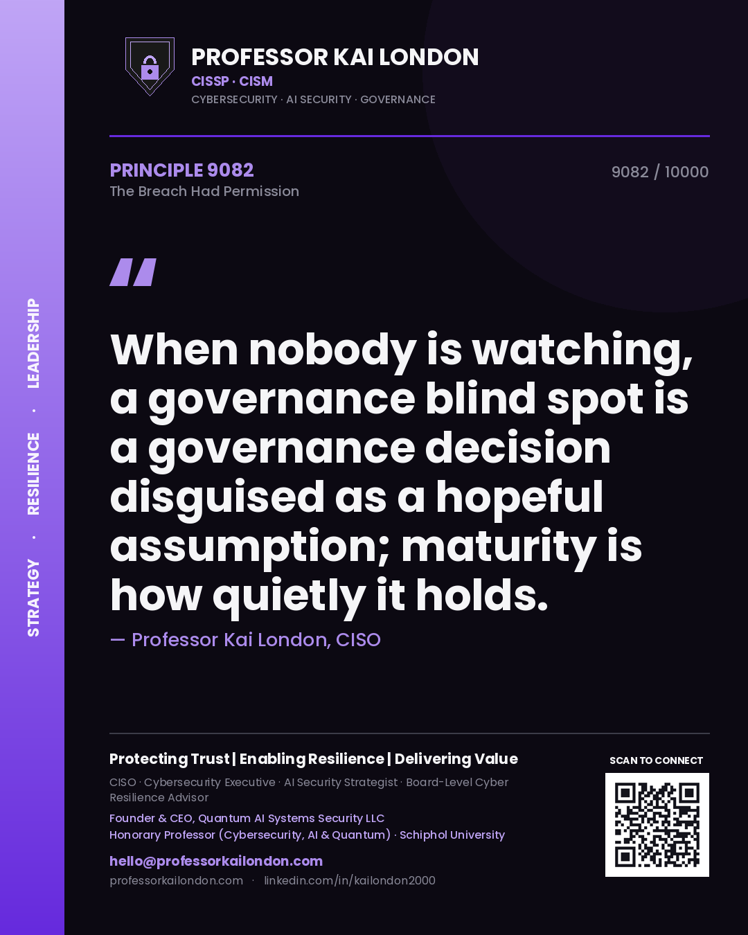 Quote card by Professor Kai London reading 'When nobody is watching, a governance blind spot is a governance decision disguised as a hopeful assumption; maturity is how quietly it holds.'. From the book The Breach Had Permission.