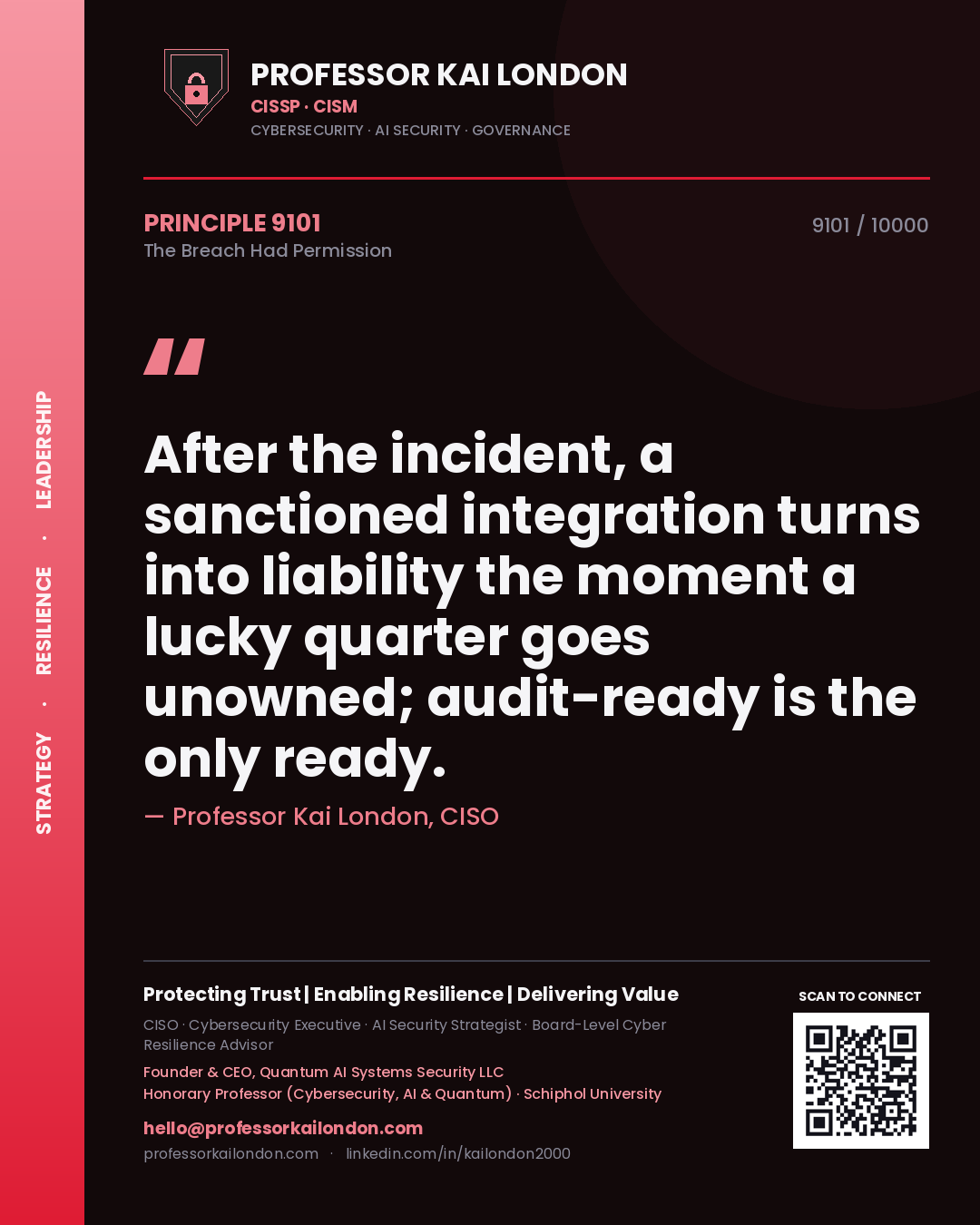 Quote card by Professor Kai London reading 'After the incident, a sanctioned integration turns into liability the moment a lucky quarter goes unowned; audit-ready is the only ready.'. From the book The Breach Had Permission.
