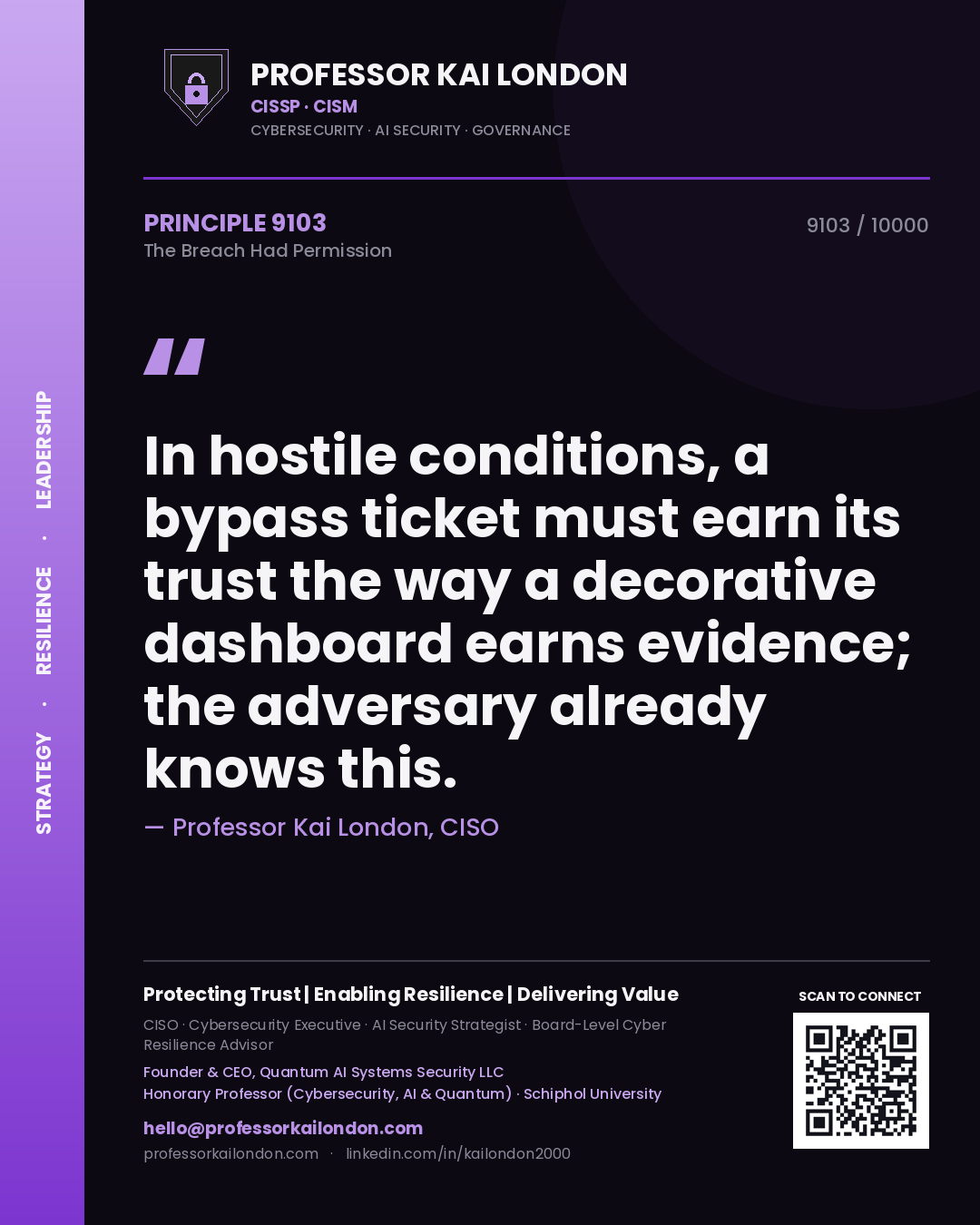 Quote card by Professor Kai London reading 'In hostile conditions, a bypass ticket must earn its trust the way a decorative dashboard earns evidence; the adversary already knows this.'. From the book The Breach Had Permission.