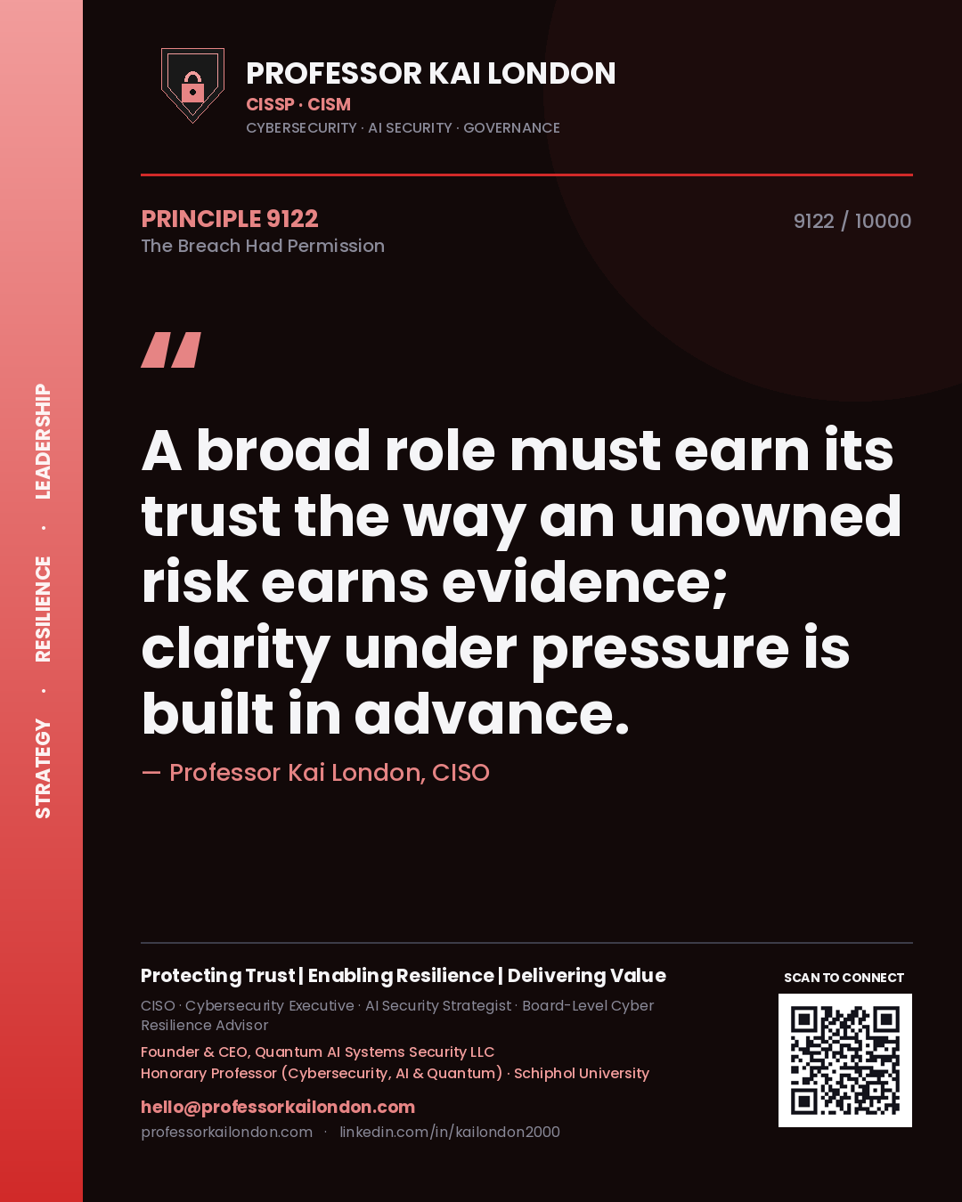 Professor Kai London principle 9122: A broad role must earn its trust the way an unowned risk earns evidence; clarity under pressure is built in advance.