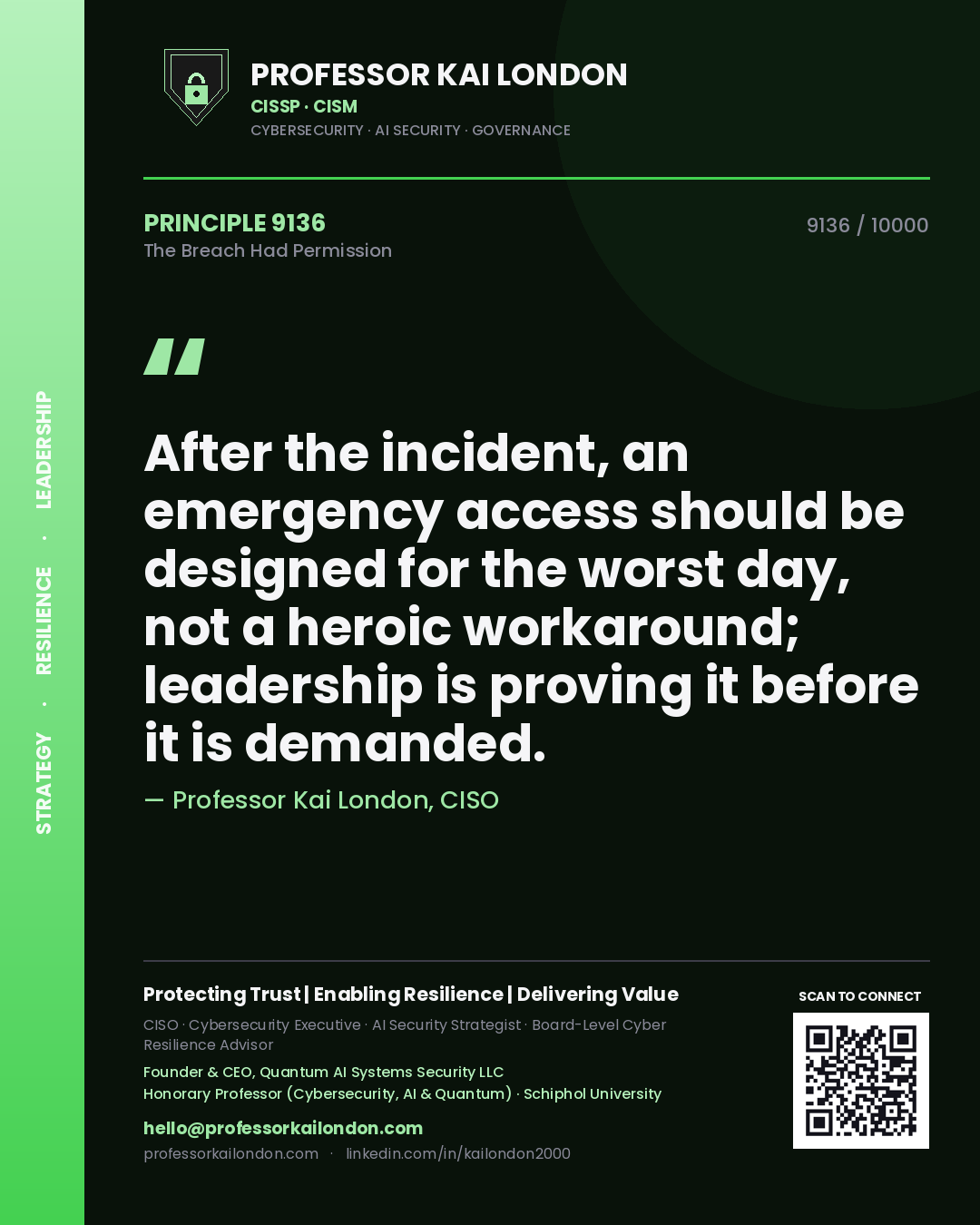 Quote card by Professor Kai London reading 'After the incident, an emergency access should be designed for the worst day, not a heroic workaround; leadership is proving it before it is demanded.'. From the book The Breach Had Permission.