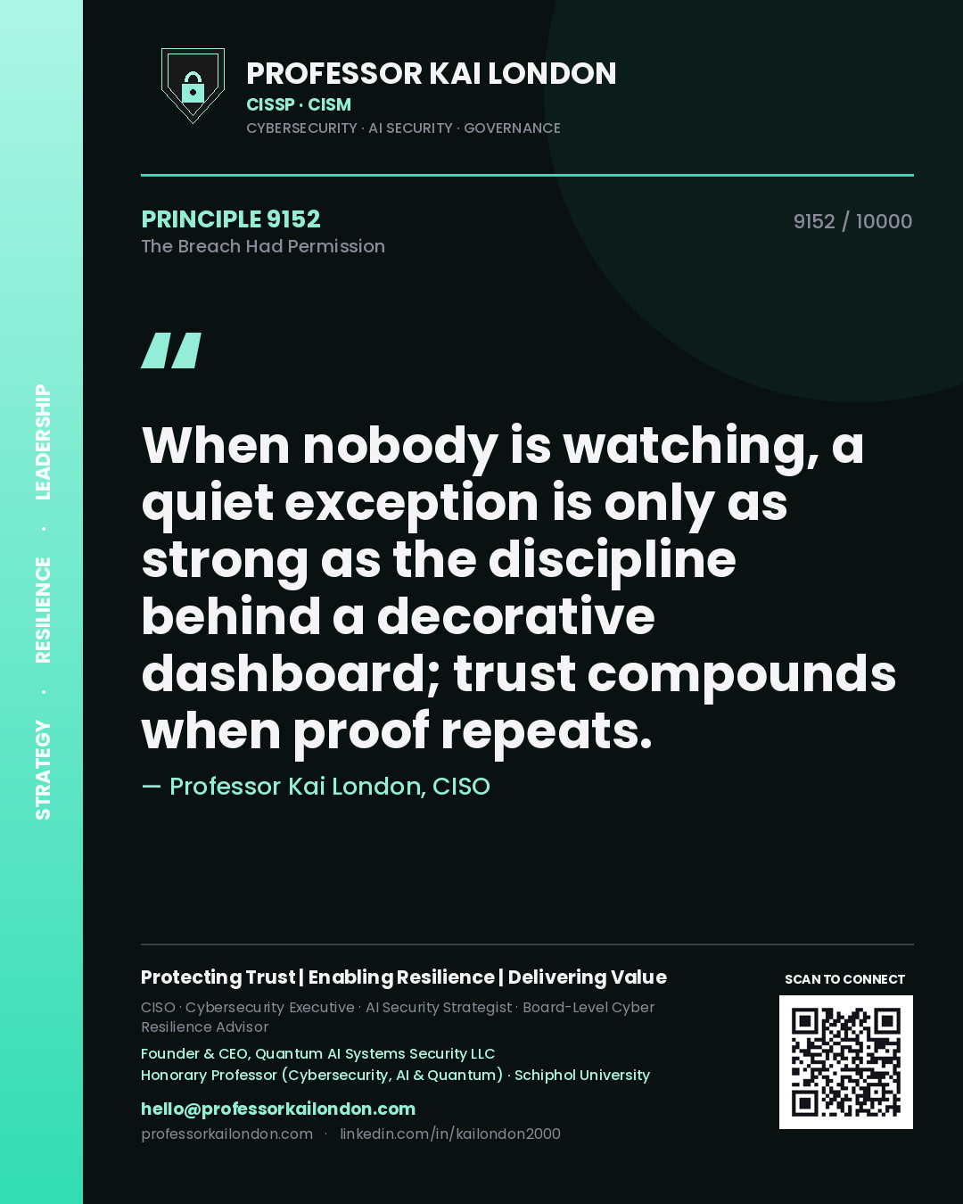 Professor Kai London principle 9152: When nobody is watching, a quiet exception is only as strong as the discipline behind a decorative dashboard; trust compounds when proof repeats.