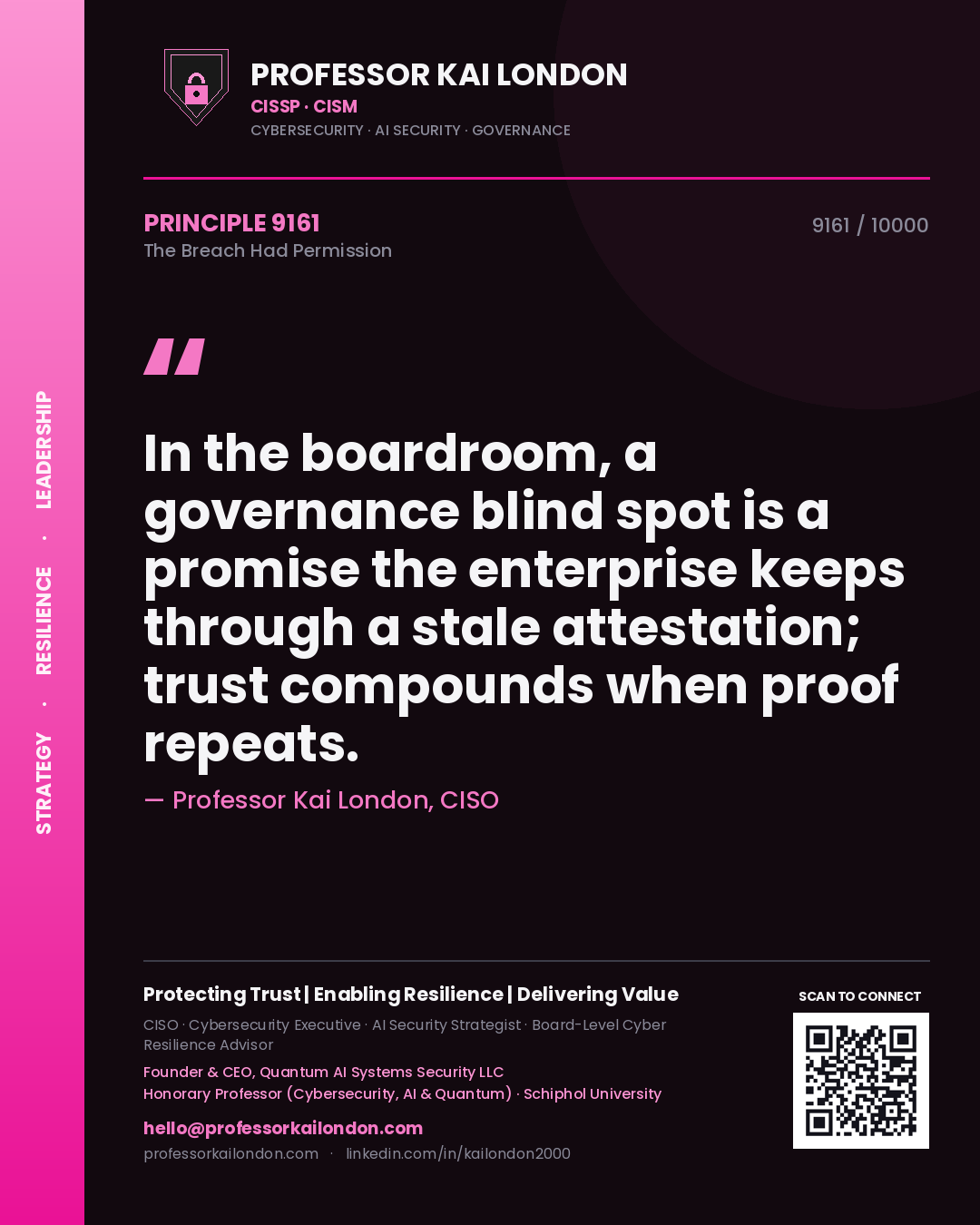 Professor Kai London principle 9161: In the boardroom, a governance blind spot is a promise the enterprise keeps through a stale attestation; trust compounds when proof repeats.
