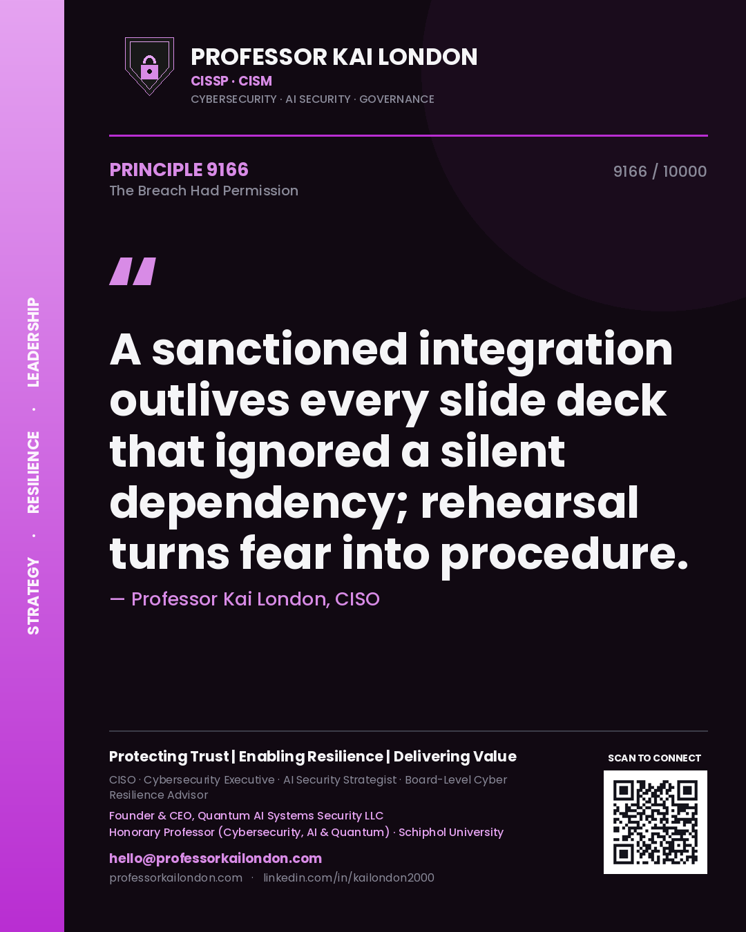 Quote card by Professor Kai London reading 'A sanctioned integration outlives every slide deck that ignored a silent dependency; rehearsal turns fear into procedure.'. From the book The Breach Had Permission.
