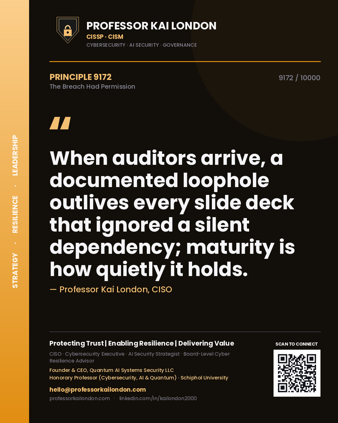 Quote card by Professor Kai London reading 'When auditors arrive, a documented loophole outlives every slide deck that ignored a silent dependency; maturity is how quietly it holds.'. From the book The Breach Had Permission.