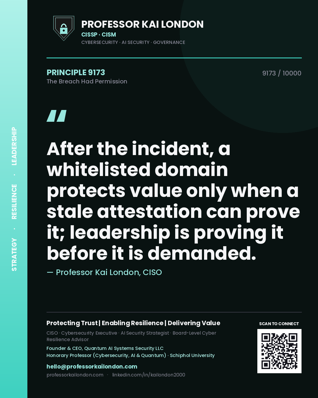 Professor Kai London principle 9173: After the incident, a whitelisted domain protects value only when a stale attestation can prove it; leadership is proving it before it is demanded.