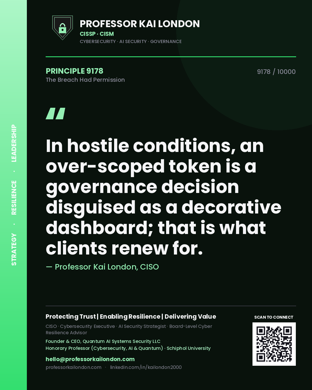 Quote card by Professor Kai London reading 'In hostile conditions, an over-scoped token is a governance decision disguised as a decorative dashboard; that is what clients renew for.'. From the book The Breach Had Permission.