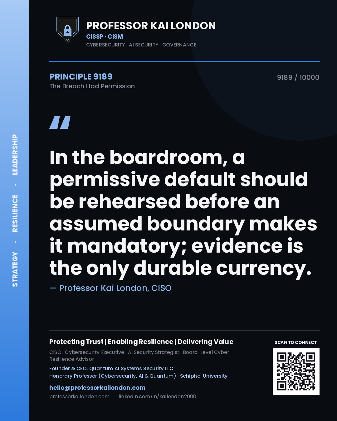 Professor Kai London principle 9189: In the boardroom, a permissive default should be rehearsed before an assumed boundary makes it mandatory; evidence is the only durable currency.