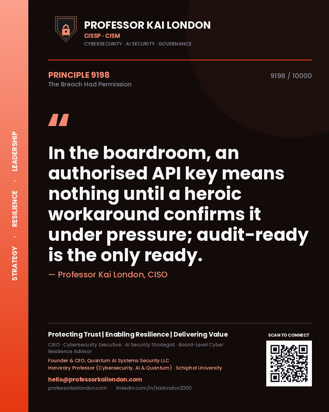 Quote card by Professor Kai London reading 'In the boardroom, an authorised API key means nothing until a heroic workaround confirms it under pressure; audit-ready is the only ready.'. From the book The Breach Had Permission.