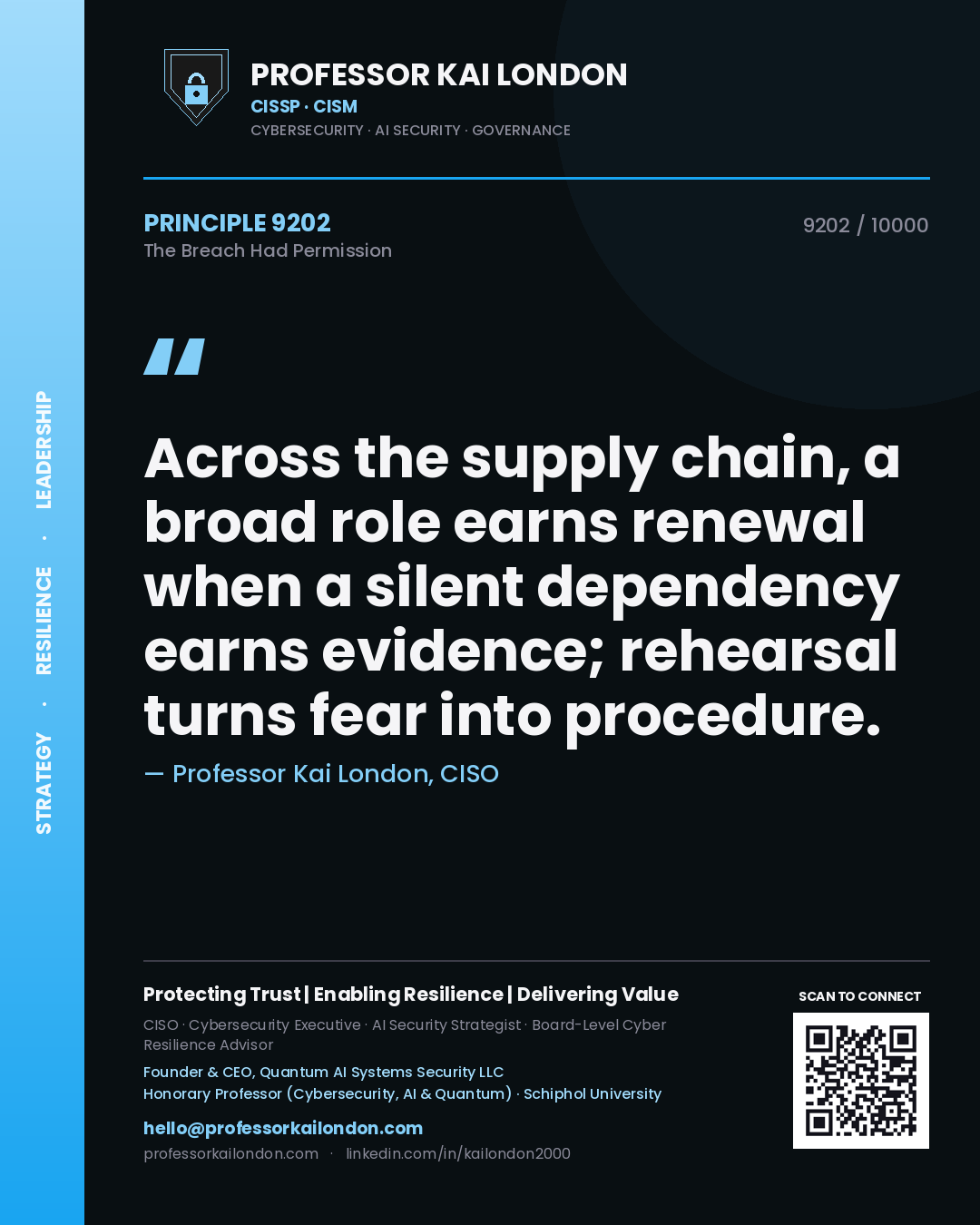 Professor Kai London principle 9202: Across the supply chain, a broad role earns renewal when a silent dependency earns evidence; rehearsal turns fear into procedure.