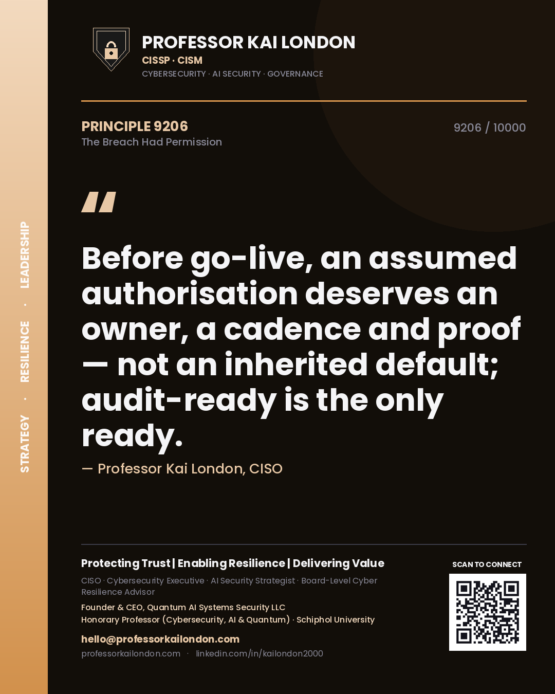 Professor Kai London principle 9206: Before go-live, an assumed authorisation deserves an owner, a cadence and proof — not an inherited default; audit-ready is the only ready.