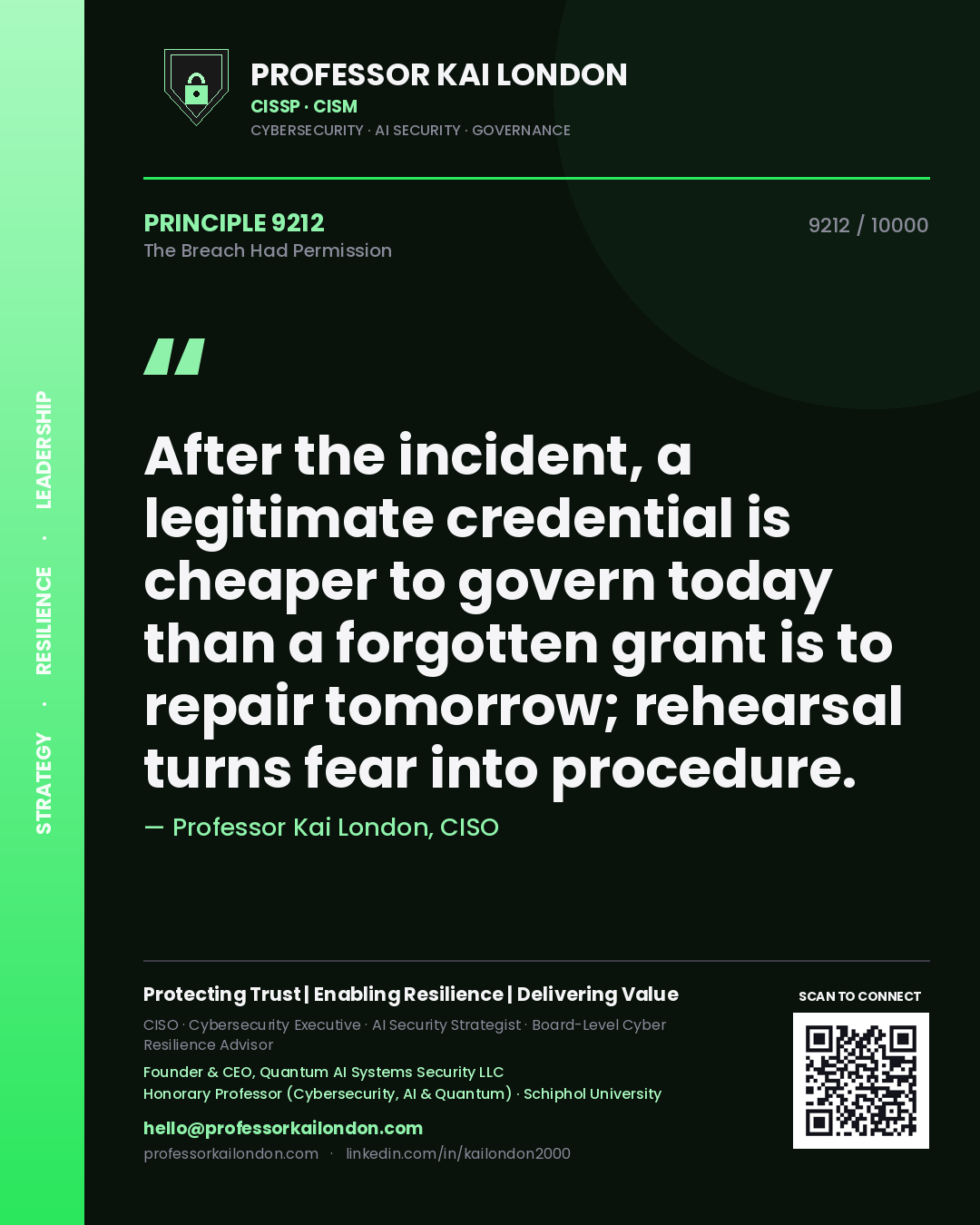 Quote card by Professor Kai London reading 'After the incident, a legitimate credential is cheaper to govern today than a forgotten grant is to repair tomorrow; rehearsal turns fear into procedure.'. From the book The Breach Had Permission.