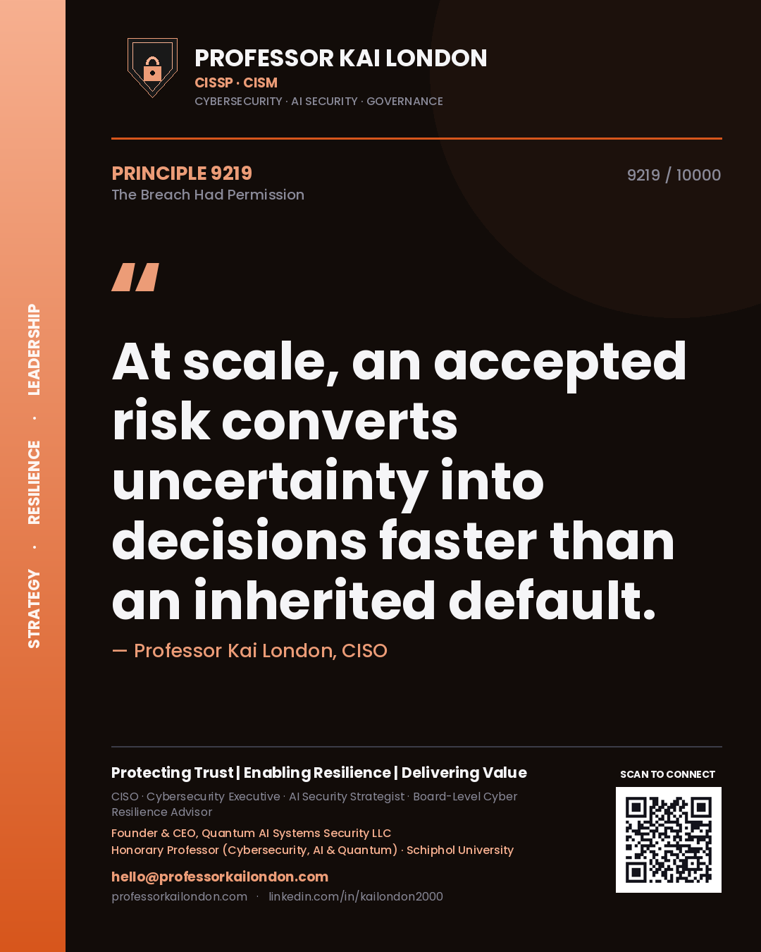Quote card by Professor Kai London reading 'At scale, an accepted risk converts uncertainty into decisions faster than an inherited default.'. From the book The Breach Had Permission.