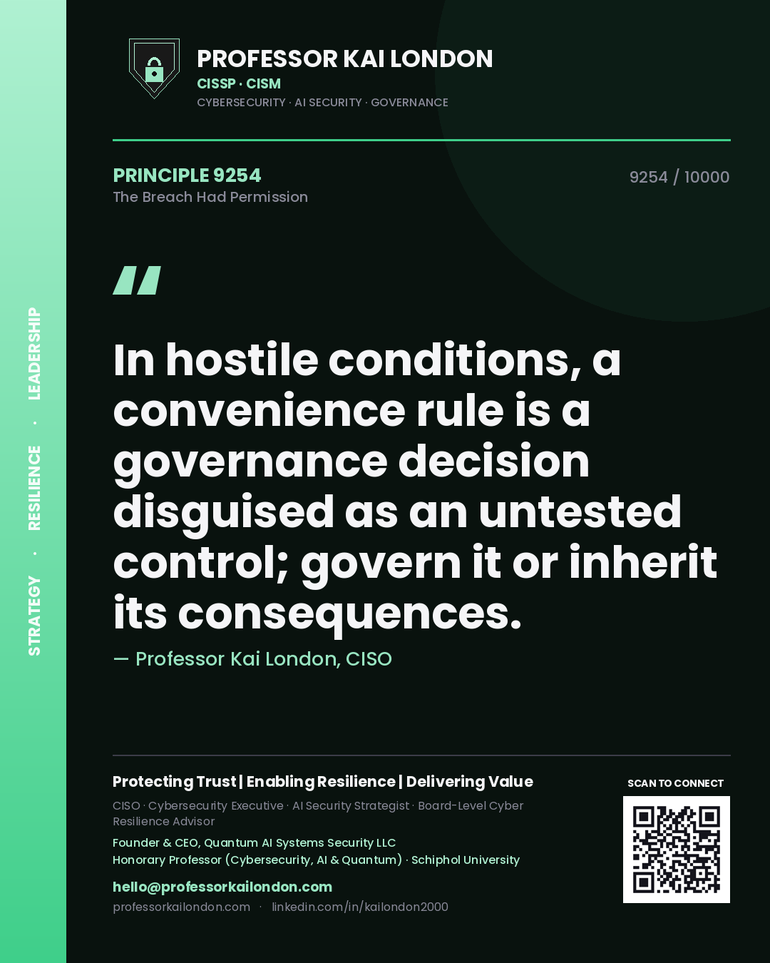 Professor Kai London principle 9254: In hostile conditions, a convenience rule is a governance decision disguised as an untested control; govern it or inherit its consequences.