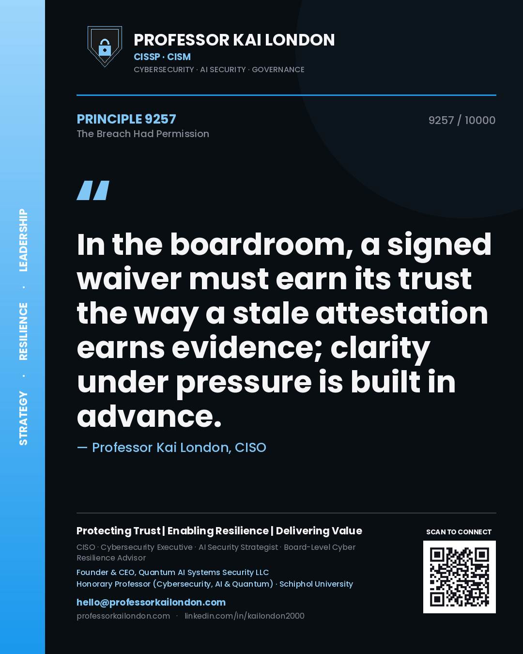 Professor Kai London principle 9257: In the boardroom, a signed waiver must earn its trust the way a stale attestation earns evidence; clarity under pressure is built in advance.