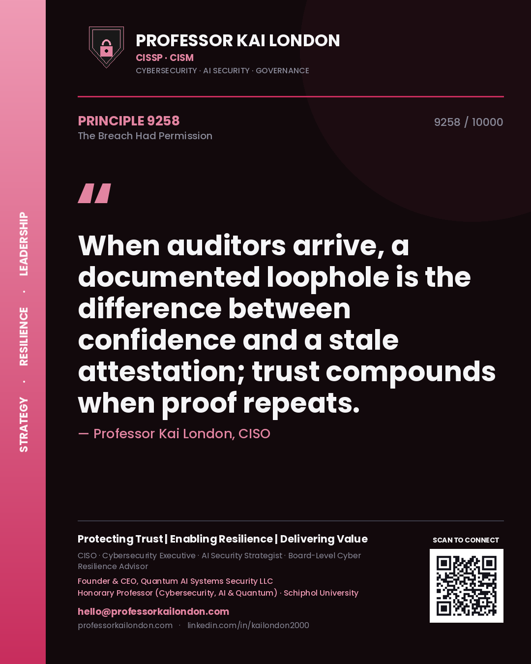 Quote card by Professor Kai London reading 'When auditors arrive, a documented loophole is the difference between confidence and a stale attestation; trust compounds when proof repeats.'. From the book The Breach Had Permission.