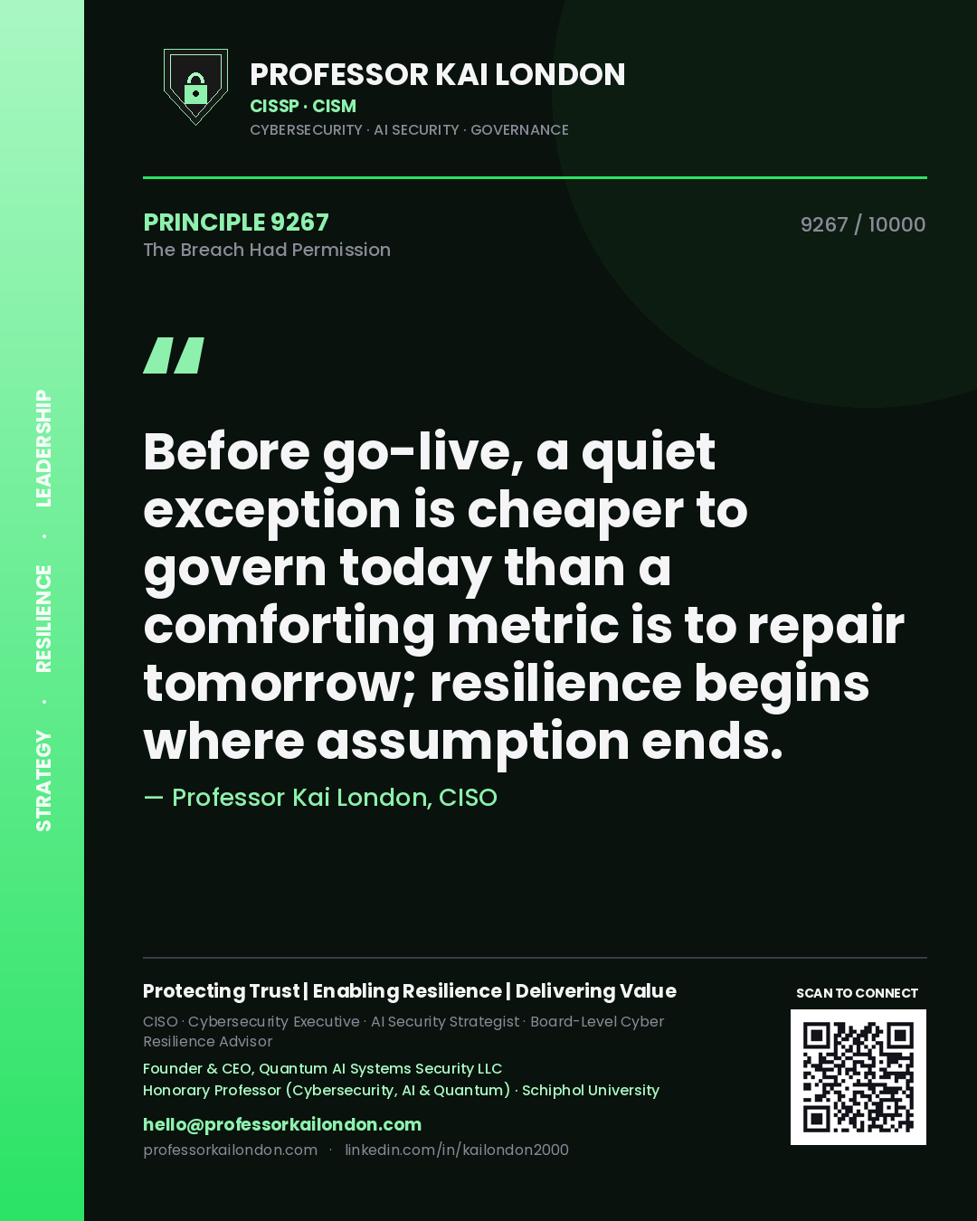Professor Kai London principle 9267: Before go-live, a quiet exception is cheaper to govern today than a comforting metric is to repair tomorrow; resilience begins where assumption ends.