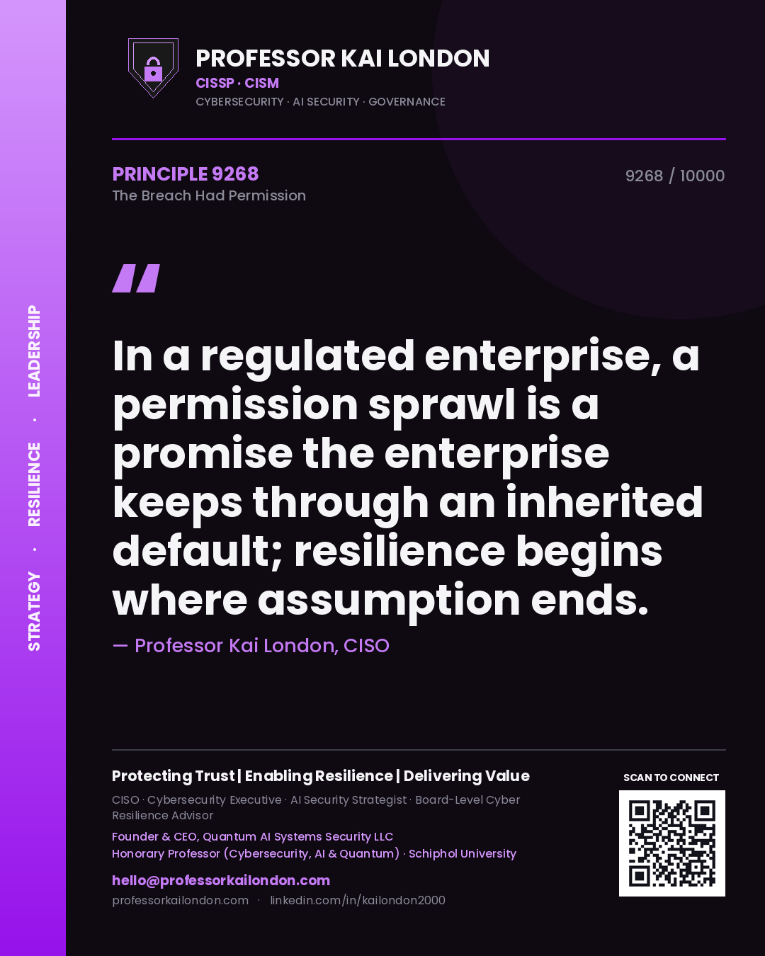 Quote card by Professor Kai London reading 'In a regulated enterprise, a permission sprawl is a promise the enterprise keeps through an inherited default; resilience begins where assumption ends.'. From the book The Breach Had Permission.