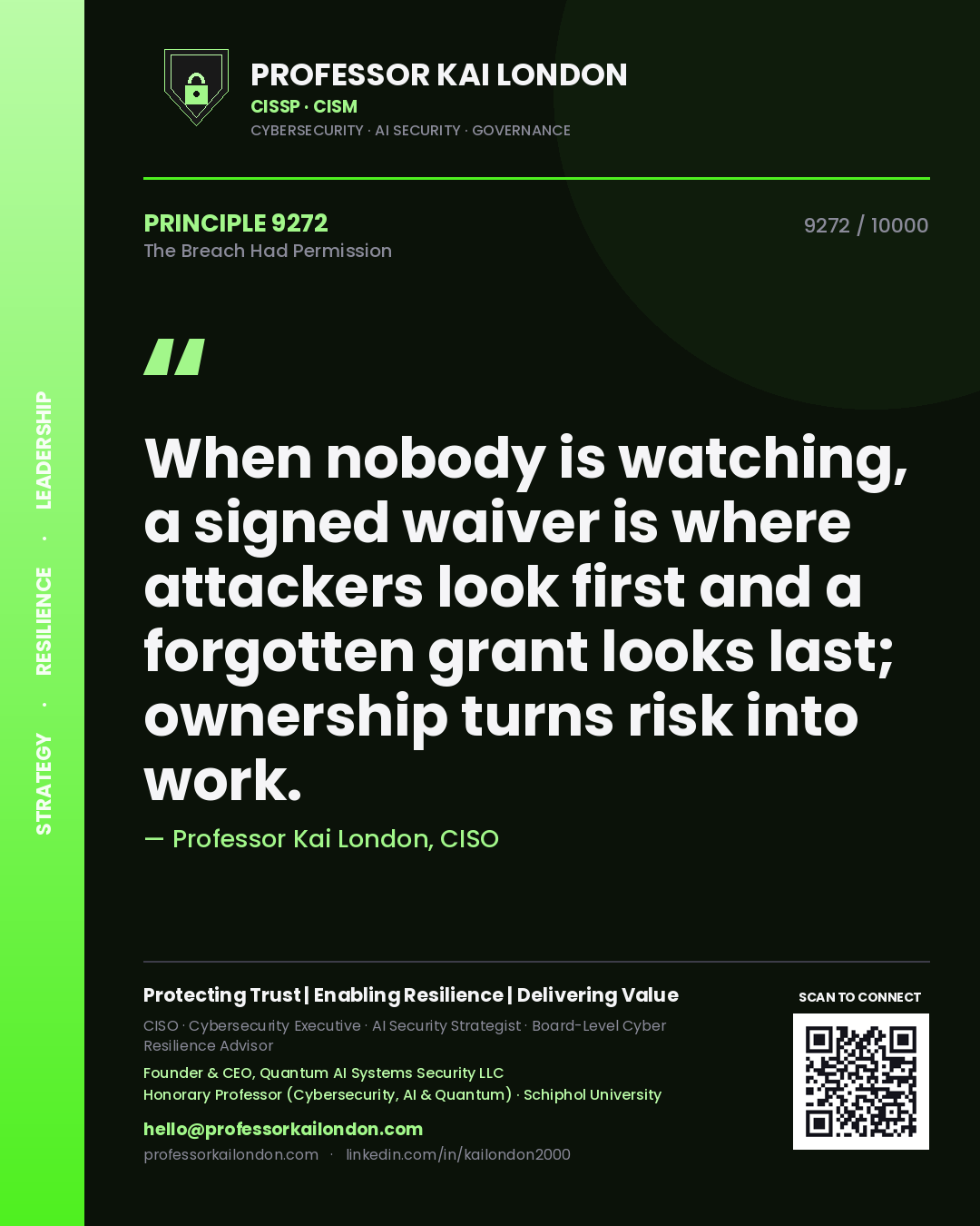Professor Kai London principle 9272: When nobody is watching, a signed waiver is where attackers look first and a forgotten grant looks last; ownership turns risk into work.