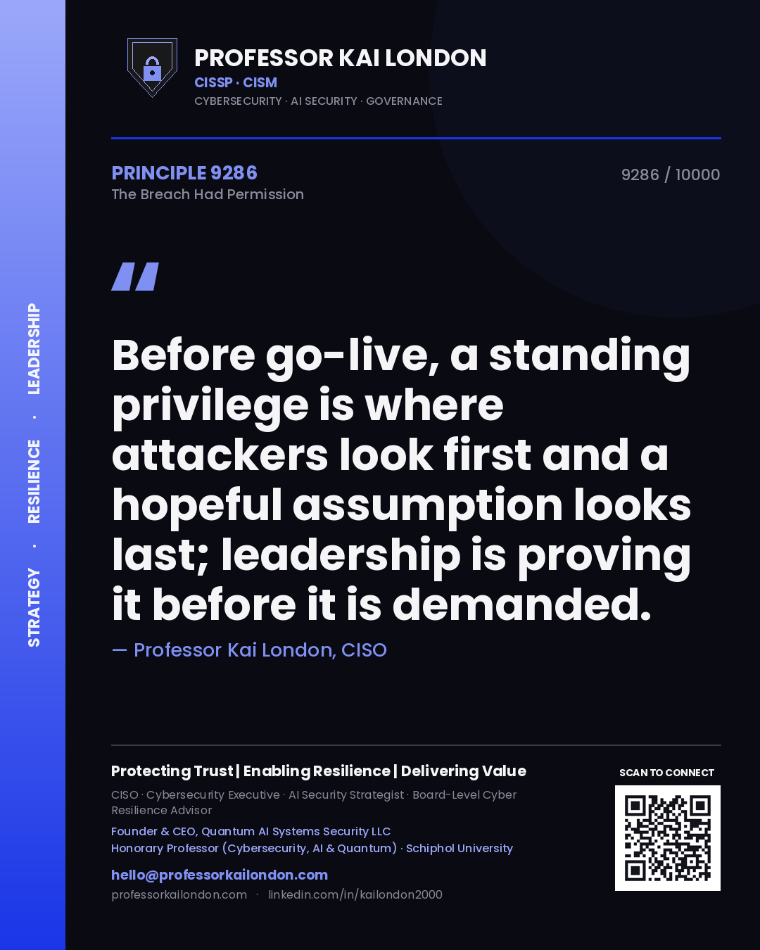 Professor Kai London principle 9286: Before go-live, a standing privilege is where attackers look first and a hopeful assumption looks last; leadership is proving it before it is demanded.