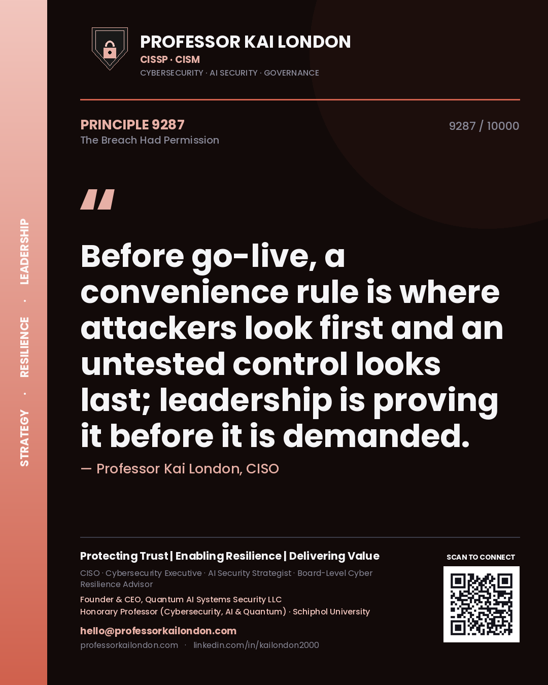 Quote card by Professor Kai London reading 'Before go-live, a convenience rule is where attackers look first and an untested control looks last; leadership is proving it before it is demanded.'. From the book The Breach Had Permission.