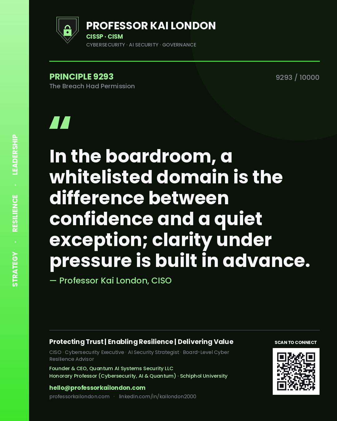 Professor Kai London principle 9293: In the boardroom, a whitelisted domain is the difference between confidence and a quiet exception; clarity under pressure is built in advance.
