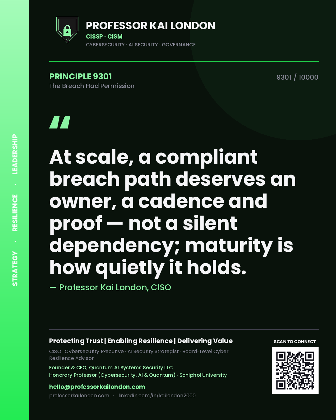 Professor Kai London principle 9301: At scale, a compliant breach path deserves an owner, a cadence and proof — not a silent dependency; maturity is how quietly it holds.