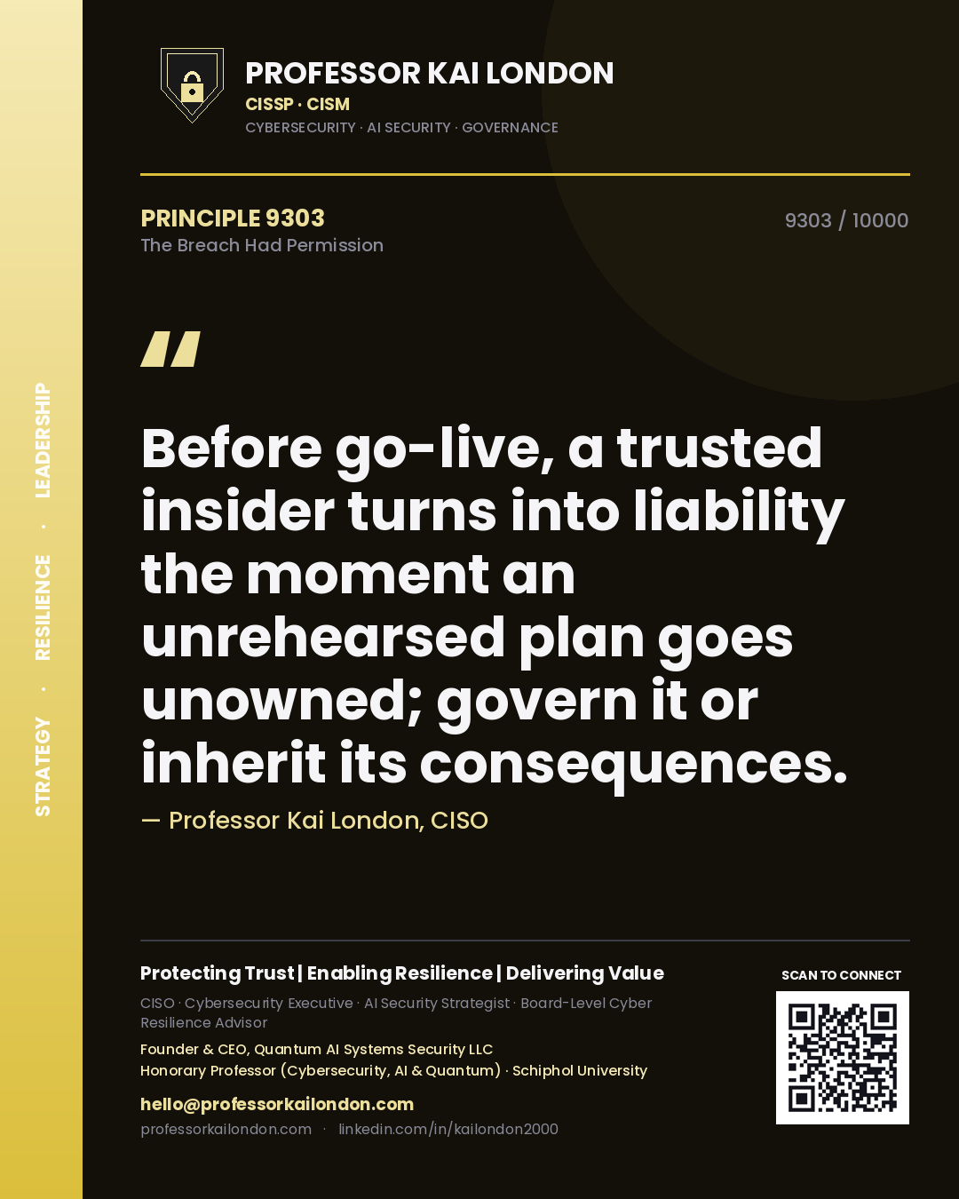 Quote card by Professor Kai London reading 'Before go-live, a trusted insider turns into liability the moment an unrehearsed plan goes unowned; govern it or inherit its consequences.'. From the book The Breach Had Permission.