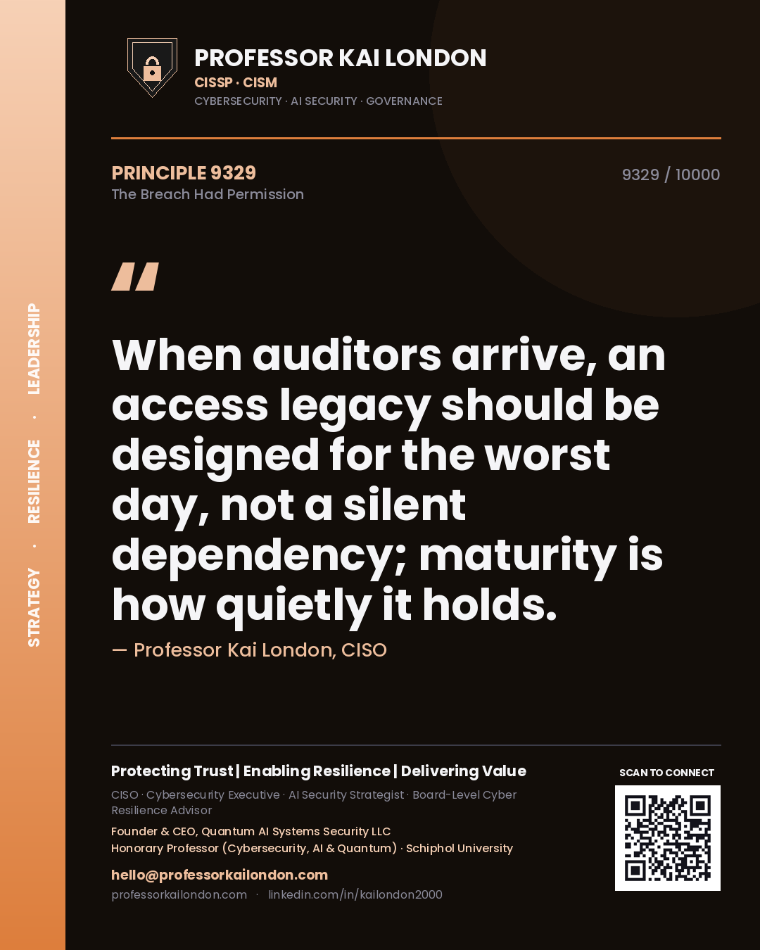 Quote card by Professor Kai London reading 'When auditors arrive, an access legacy should be designed for the worst day, not a silent dependency; maturity is how quietly it holds.'. From the book The Breach Had Permission.