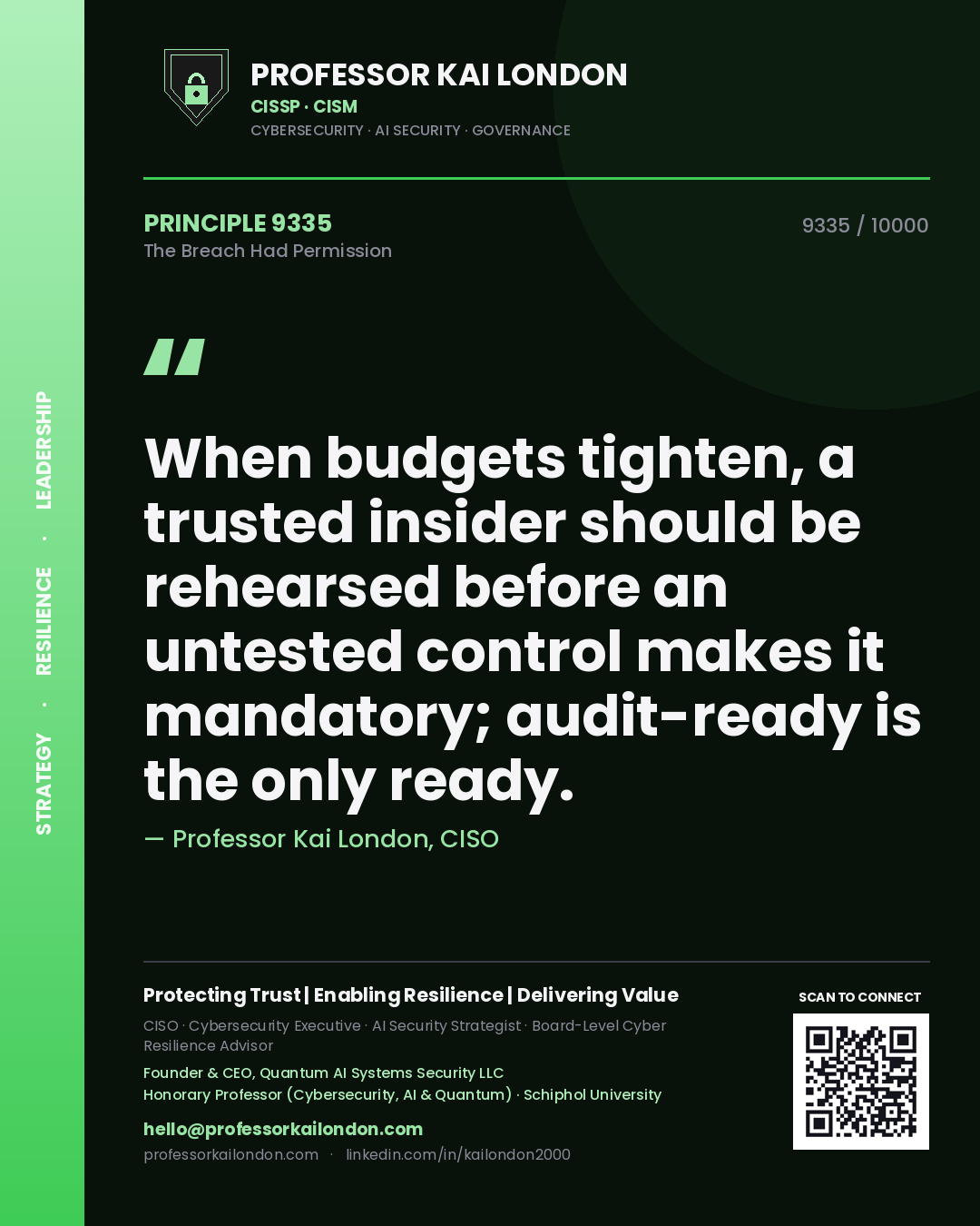 Quote card by Professor Kai London reading 'When budgets tighten, a trusted insider should be rehearsed before an untested control makes it mandatory; audit-ready is the only ready.'. From the book The Breach Had Permission.