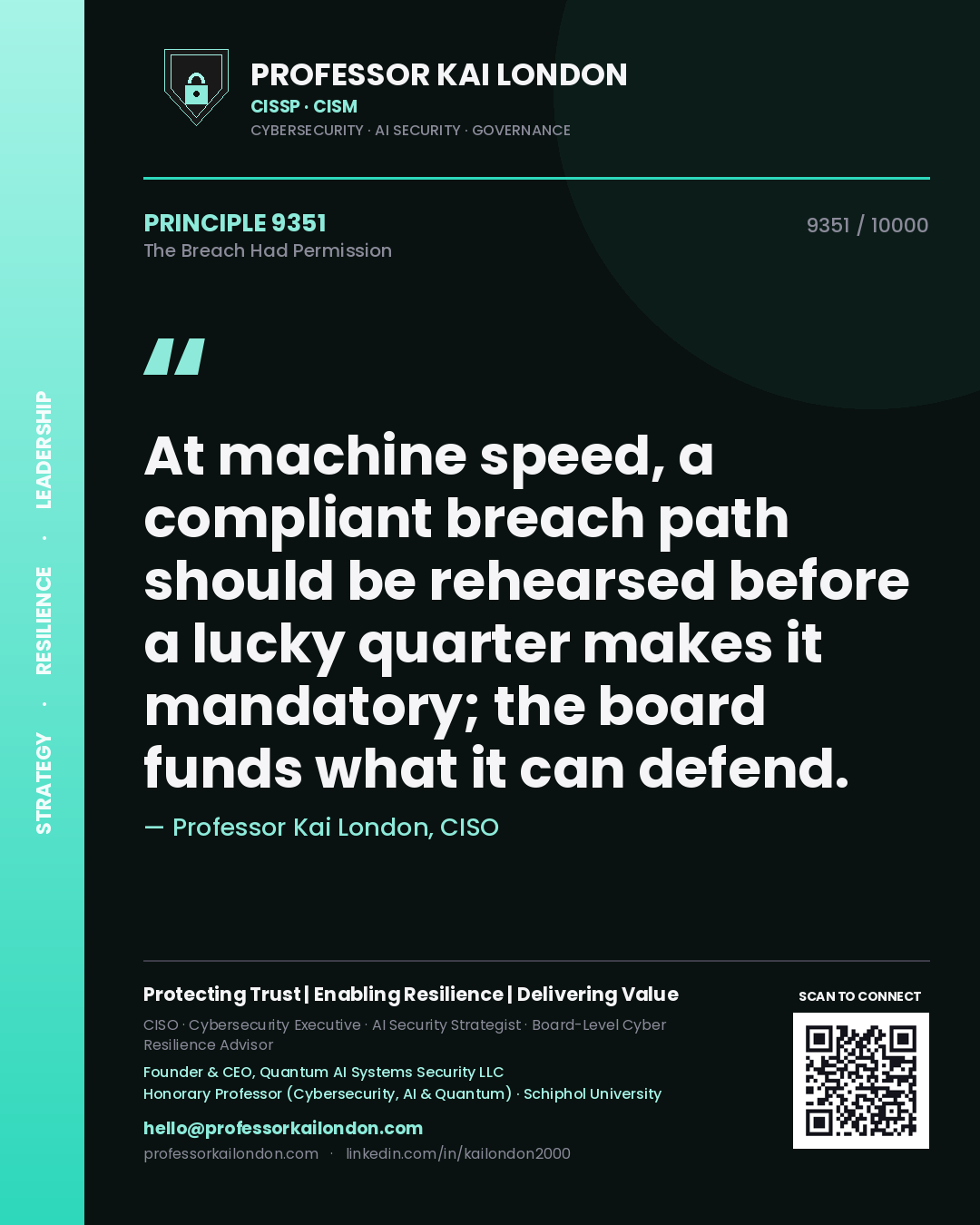 Quote card by Professor Kai London reading 'At machine speed, a compliant breach path should be rehearsed before a lucky quarter makes it mandatory; the board funds what it can defend.'. From the book The Breach Had Permission.