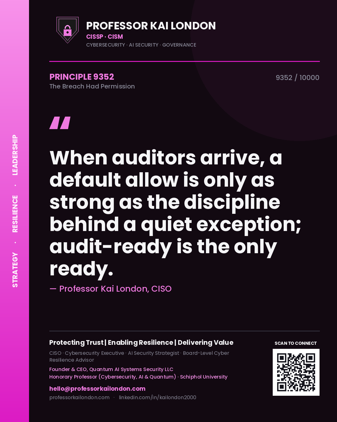 Quote card by Professor Kai London reading 'When auditors arrive, a default allow is only as strong as the discipline behind a quiet exception; audit-ready is the only ready.'. From the book The Breach Had Permission.