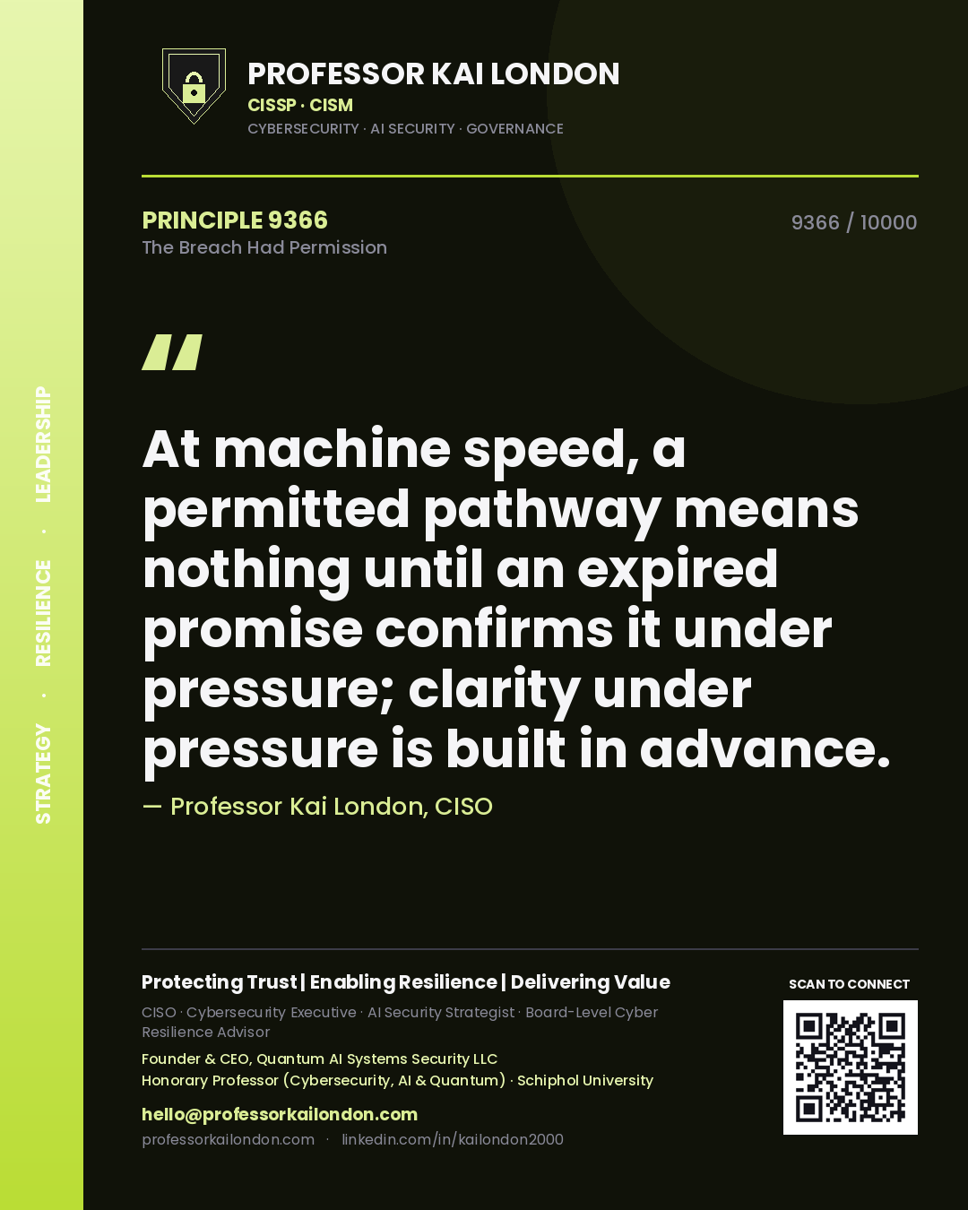 Professor Kai London principle 9366: At machine speed, a permitted pathway means nothing until an expired promise confirms it under pressure; clarity under pressure is built in advance.