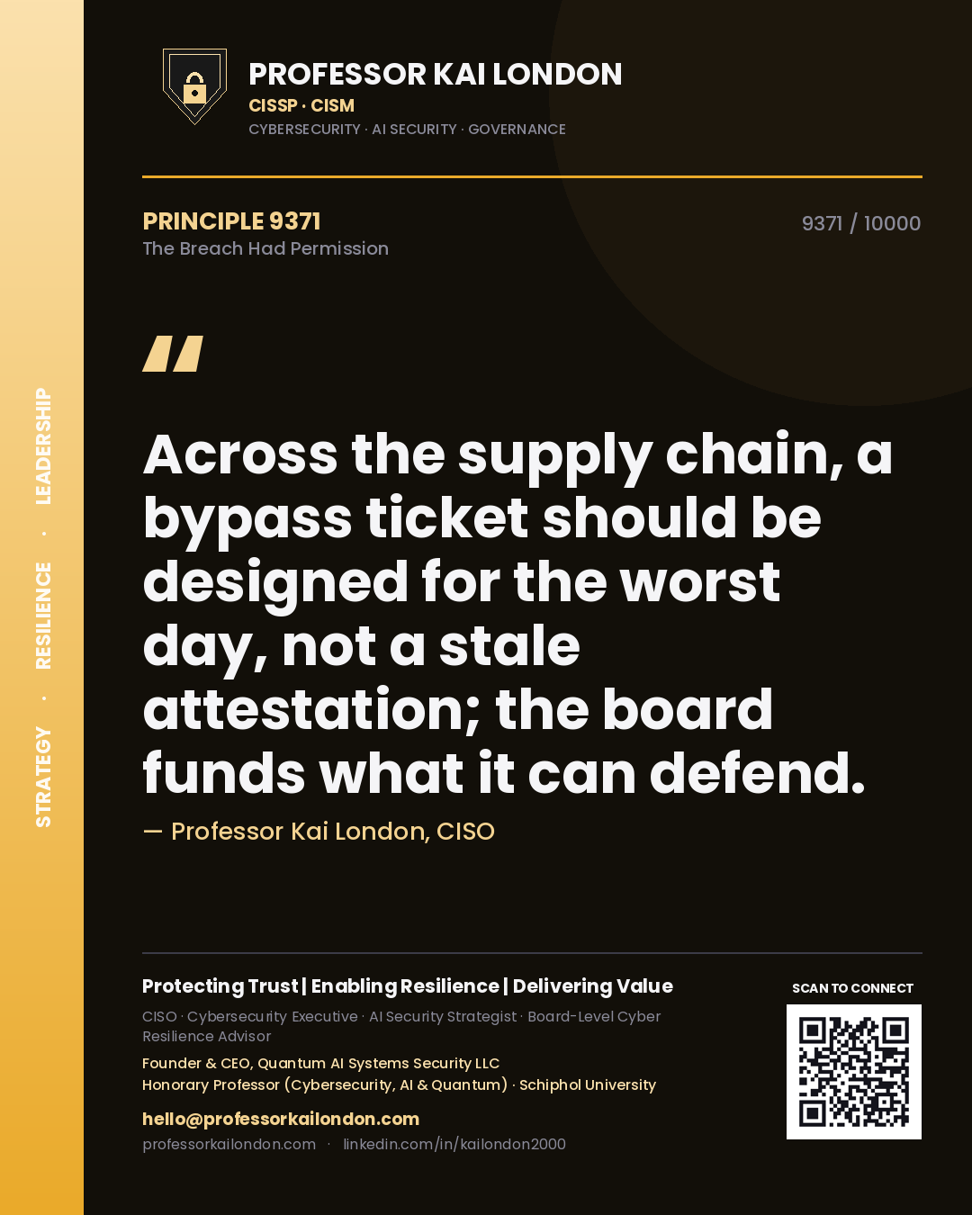Quote card by Professor Kai London reading 'Across the supply chain, a bypass ticket should be designed for the worst day, not a stale attestation; the board funds what it can defend.'. From the book The Breach Had Permission.