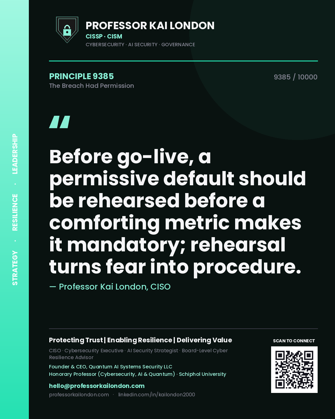 Professor Kai London principle 9385: Before go-live, a permissive default should be rehearsed before a comforting metric makes it mandatory; rehearsal turns fear into procedure.