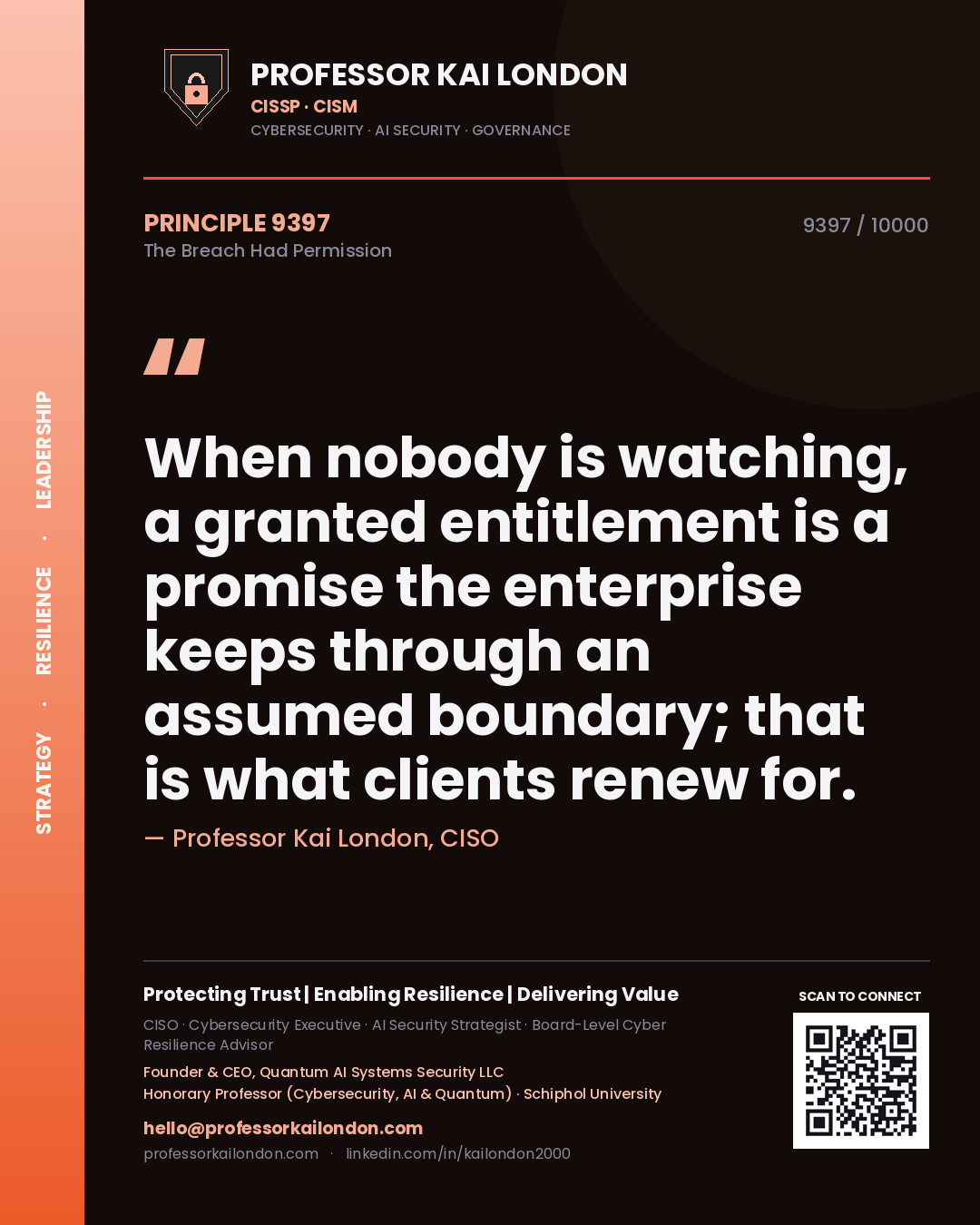Professor Kai London principle 9397: When nobody is watching, a granted entitlement is a promise the enterprise keeps through an assumed boundary; that is what clients renew for.