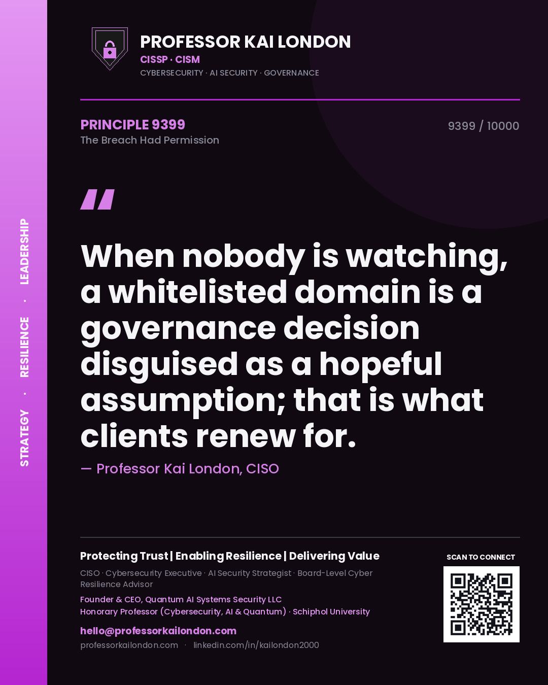 Professor Kai London principle 9399: When nobody is watching, a whitelisted domain is a governance decision disguised as a hopeful assumption; that is what clients renew for.