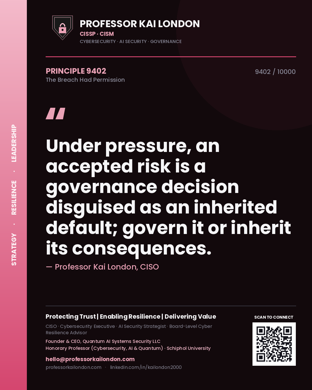 Quote card by Professor Kai London reading 'Under pressure, an accepted risk is a governance decision disguised as an inherited default; govern it or inherit its consequences.'. From the book The Breach Had Permission.