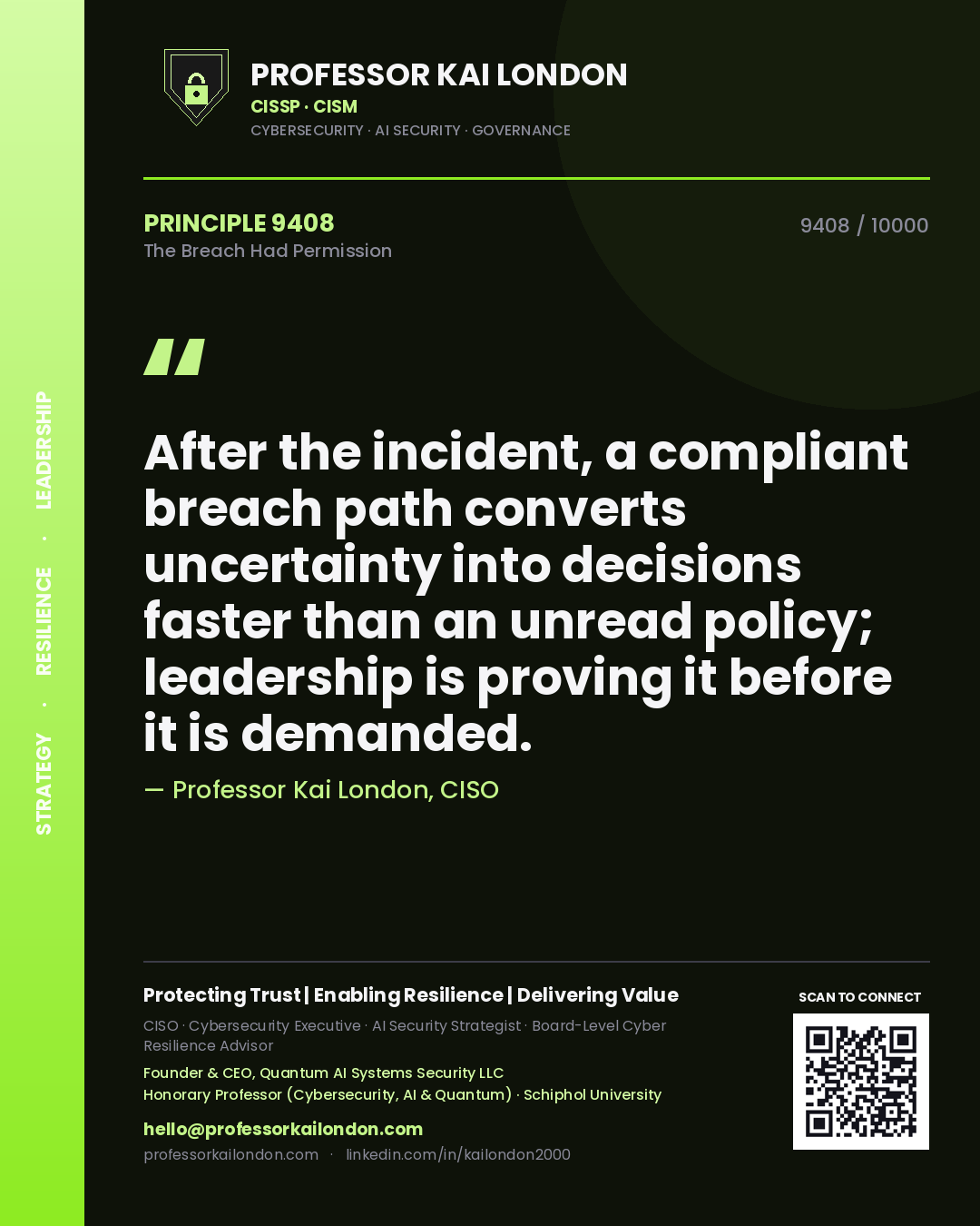 Quote card by Professor Kai London reading 'After the incident, a compliant breach path converts uncertainty into decisions faster than an unread policy; leadership is proving it before it is demanded.'. From the book The Breach Had Permission.