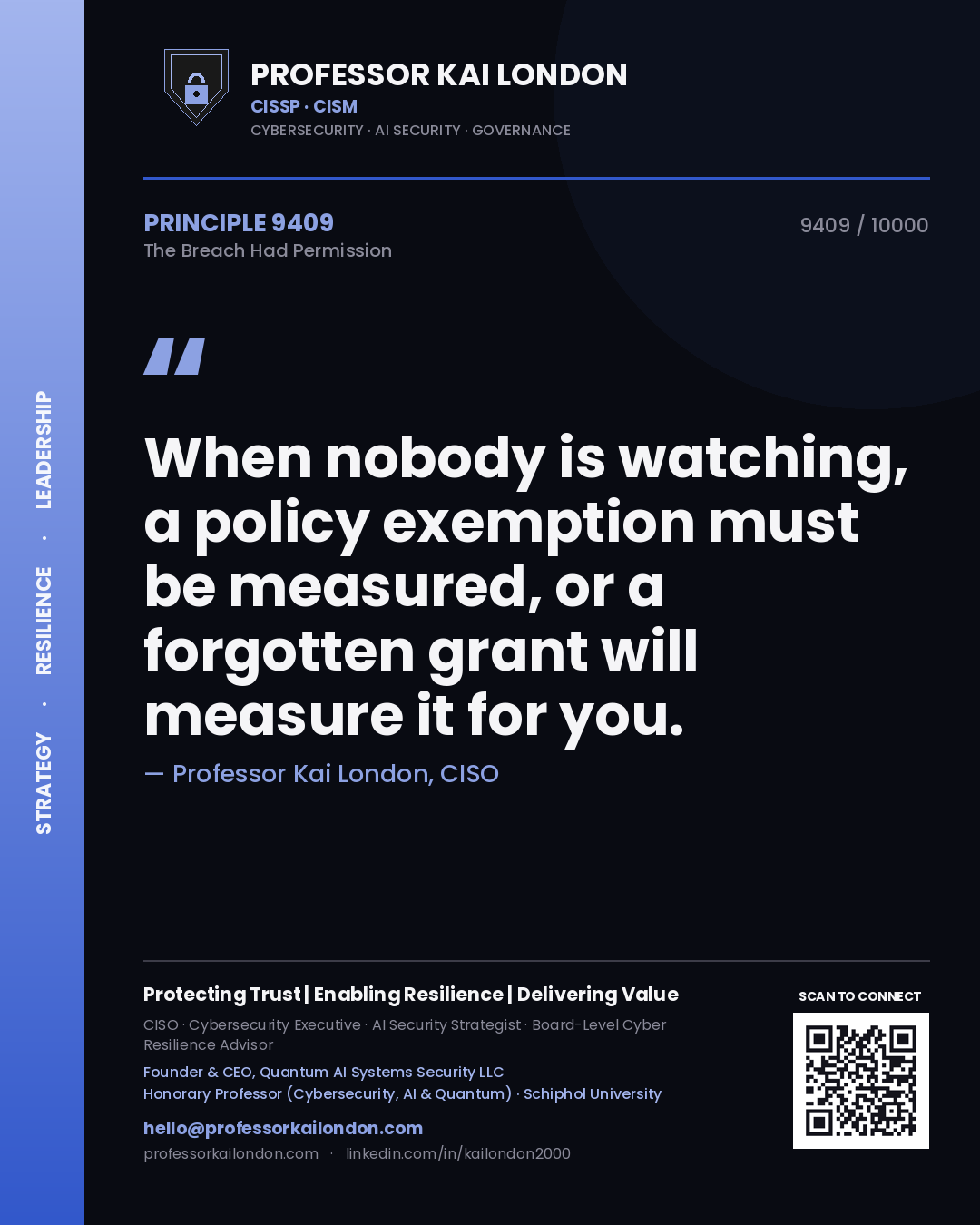 Quote card by Professor Kai London reading 'When nobody is watching, a policy exemption must be measured, or a forgotten grant will measure it for you.'. From the book The Breach Had Permission.